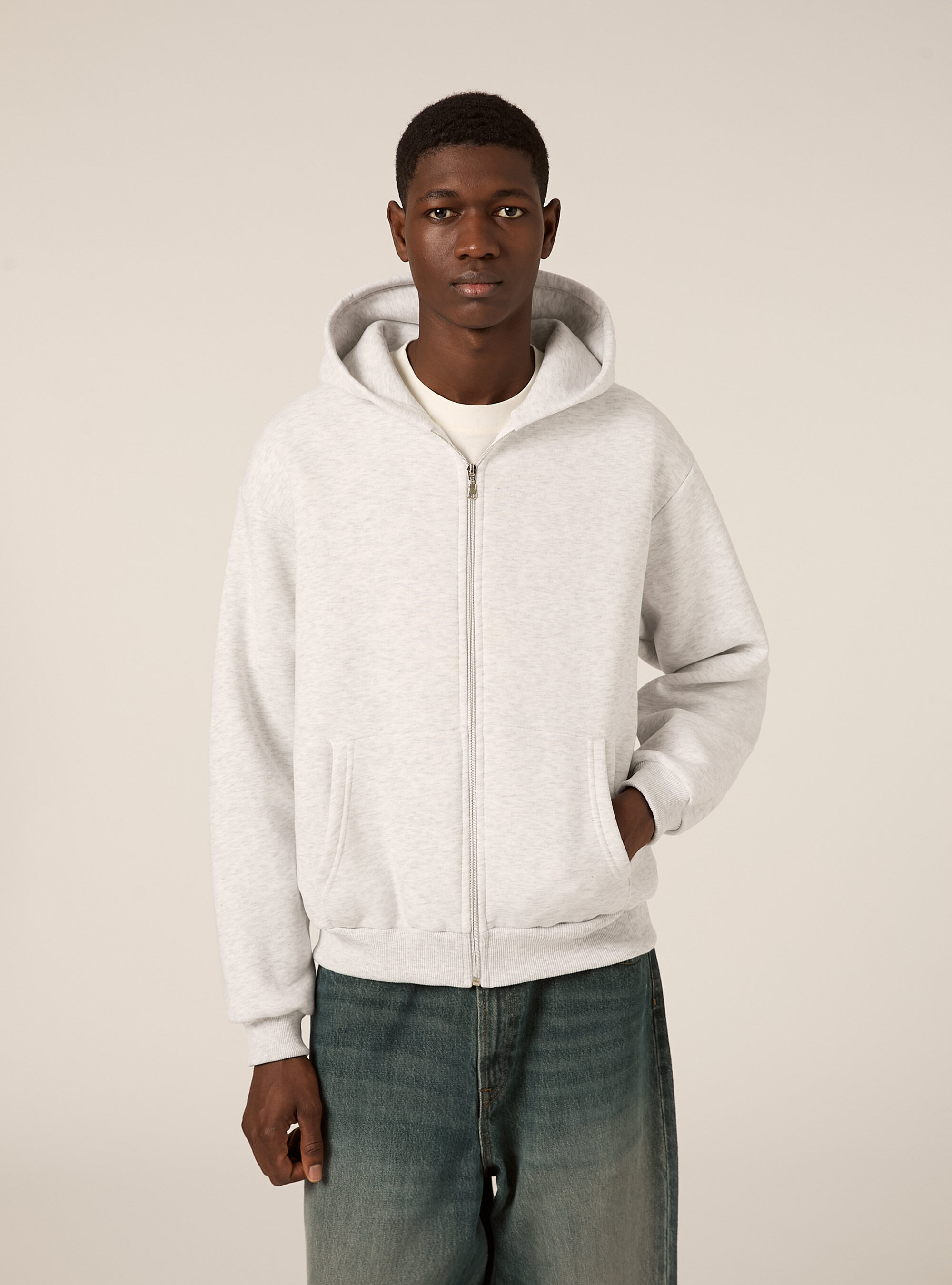 Sweat &agrave; capuche zipp&eacute; coupe boxy, MGY3 GREY MEL LIGHT