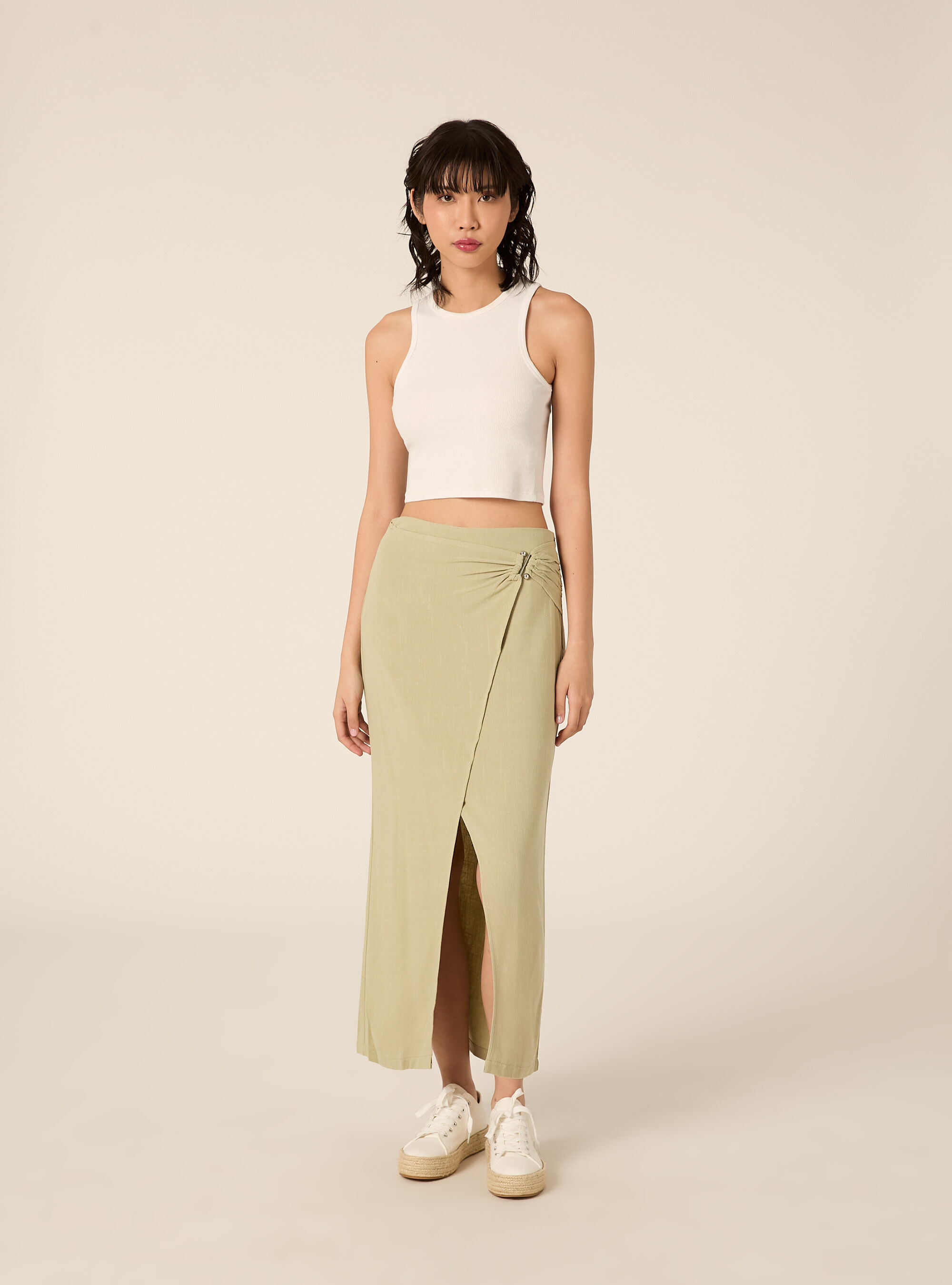 Jupe midi asym&eacute;trique en m&eacute;lange de lin