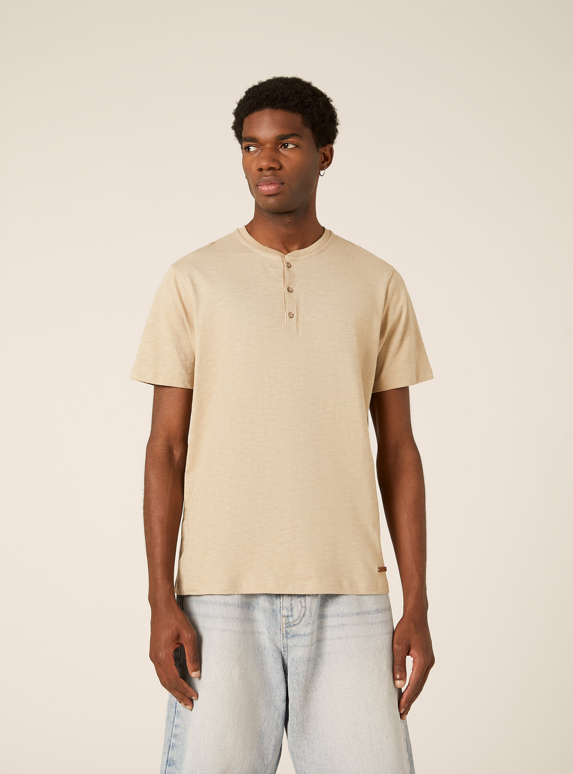 Baumwoll-T-Shirt mit Henley-Ausschnitt, BG2 BEIGE MEDIUM