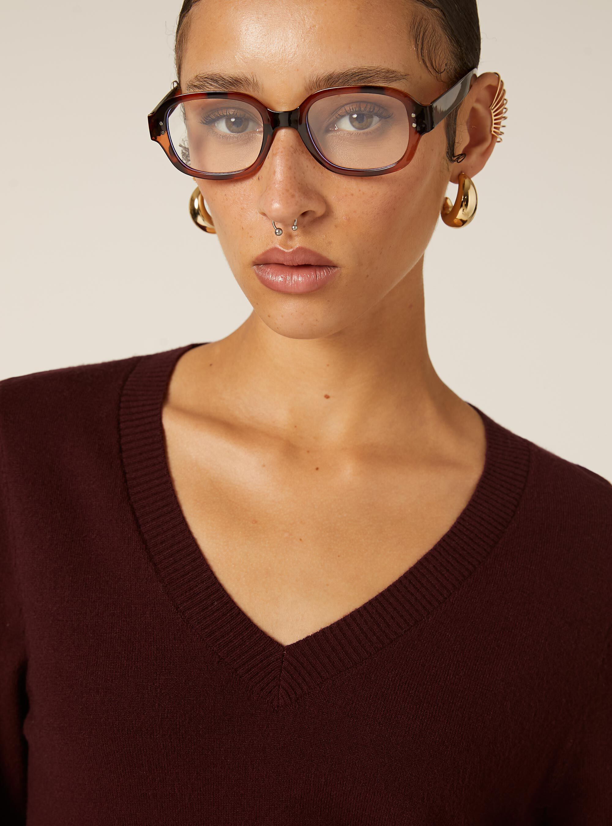 Pull &agrave; col en V coupe boxy, BO1 BORDEAUX DARK