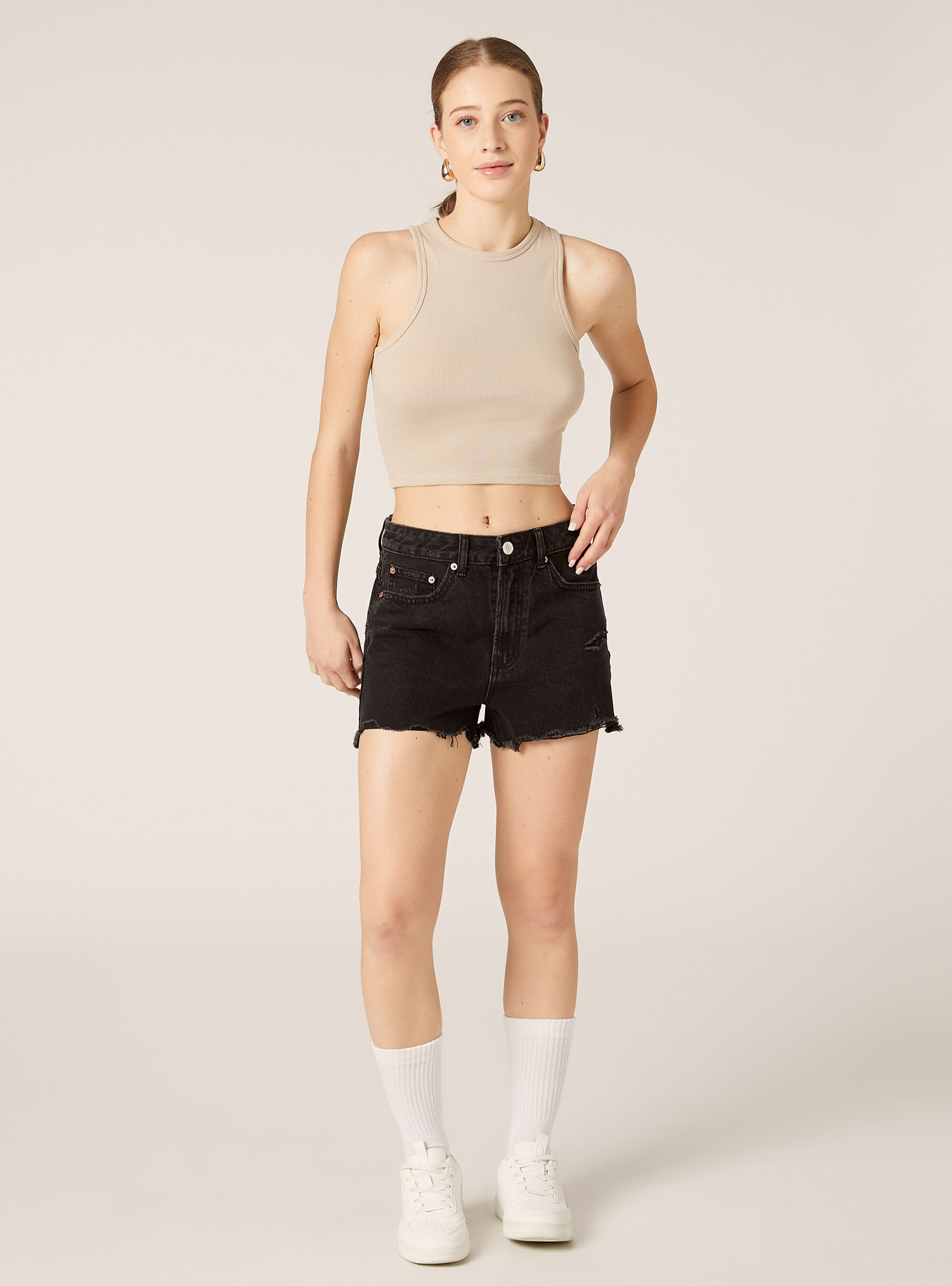 Shorts in denim a vita alta, D000 BLACK