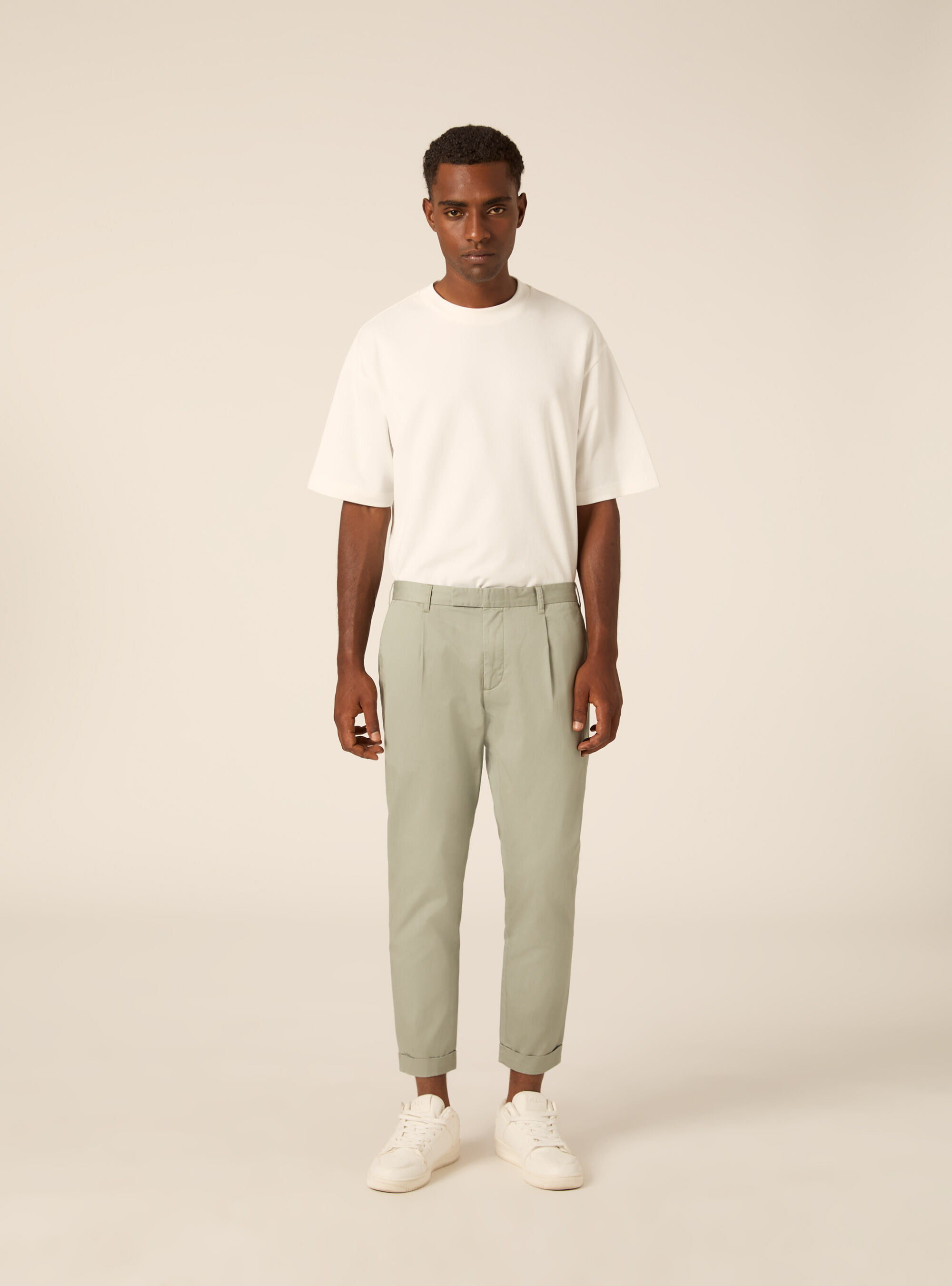 Slim Fit Cropped Pleated Chino Trousers