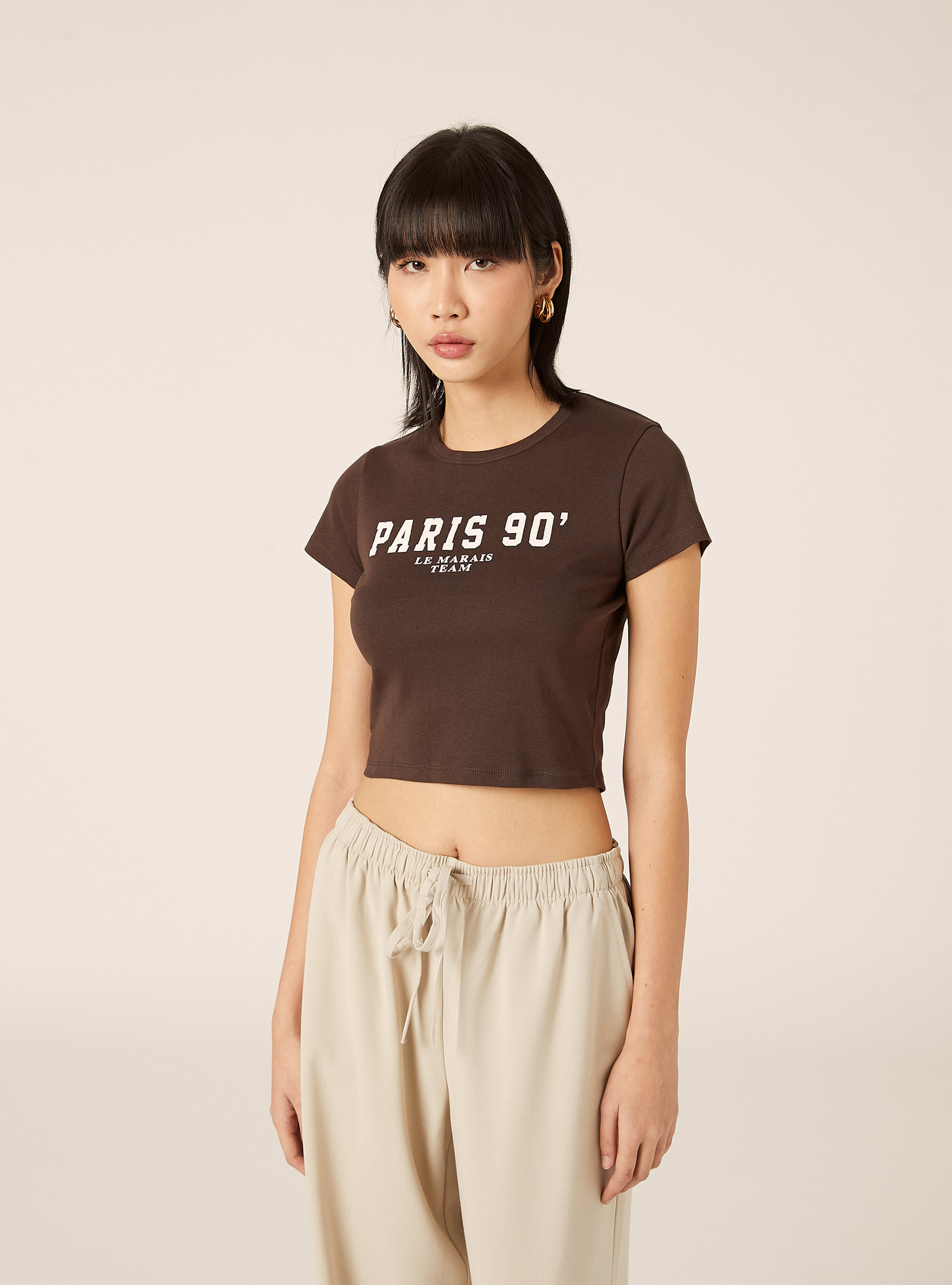 Cropped Short Sleeve Varsity Graphic T-Shirt, BR1 BROWN DARK