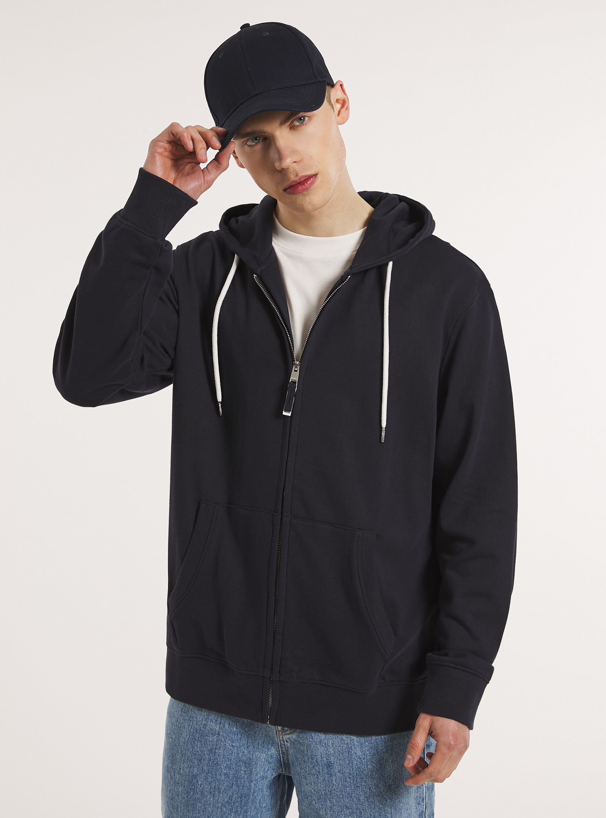 Zip et sweat &agrave; capuche en coton, NA1 NAVY DARK