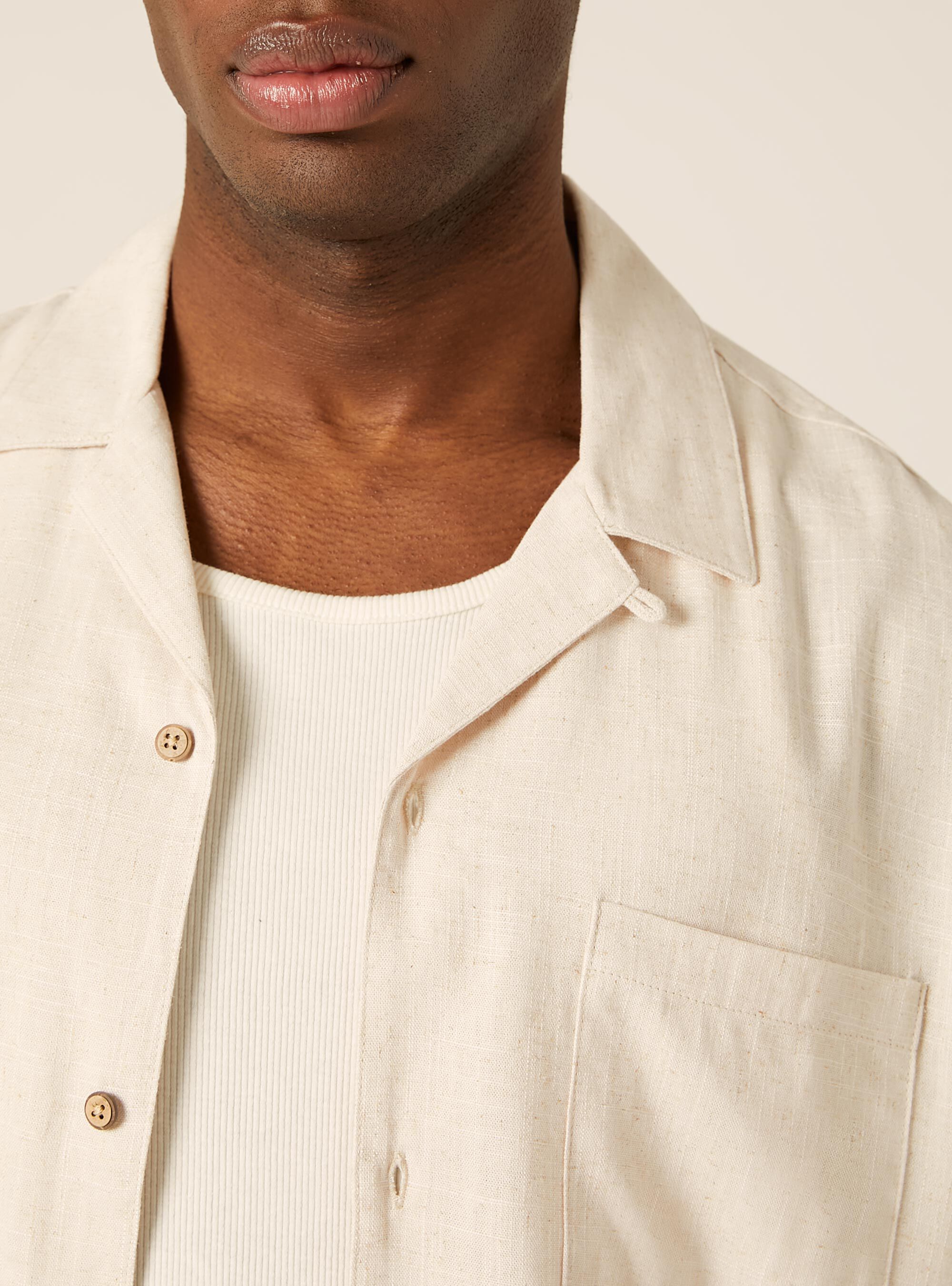 Linen blend shirt with bowling collar, MBG3 BEIGE MEL LIGHT
