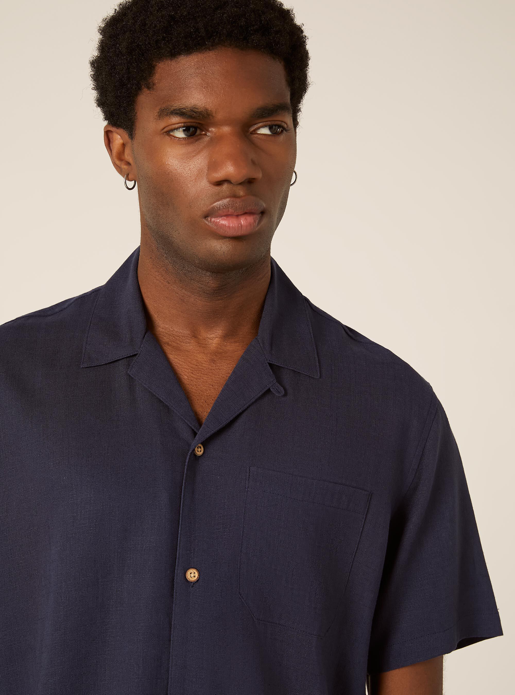 Linen blend shirt with bowling collar, BL2 BLUE MEDIUM