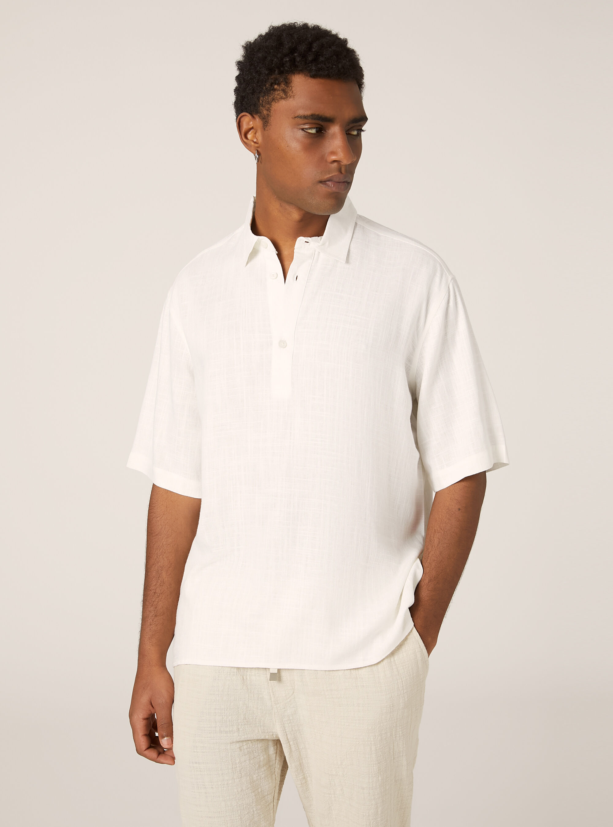 Chemise &agrave; manches courtes en lin m&eacute;lang&eacute;, WH1 OFF WHITE