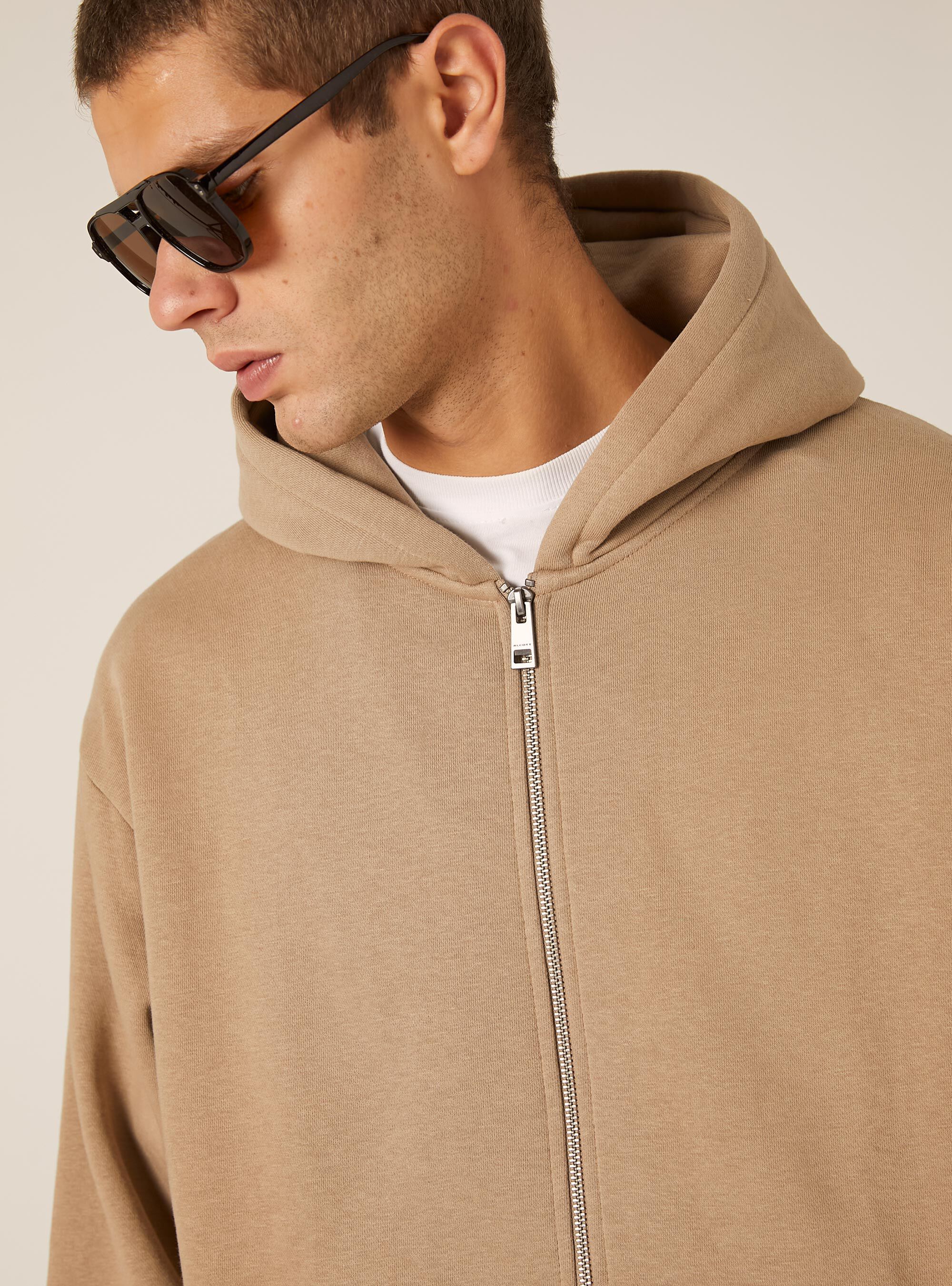 Sweat-shirt zipp&eacute; &agrave; capuche coupe boxy, BG1 BEIGE DARK