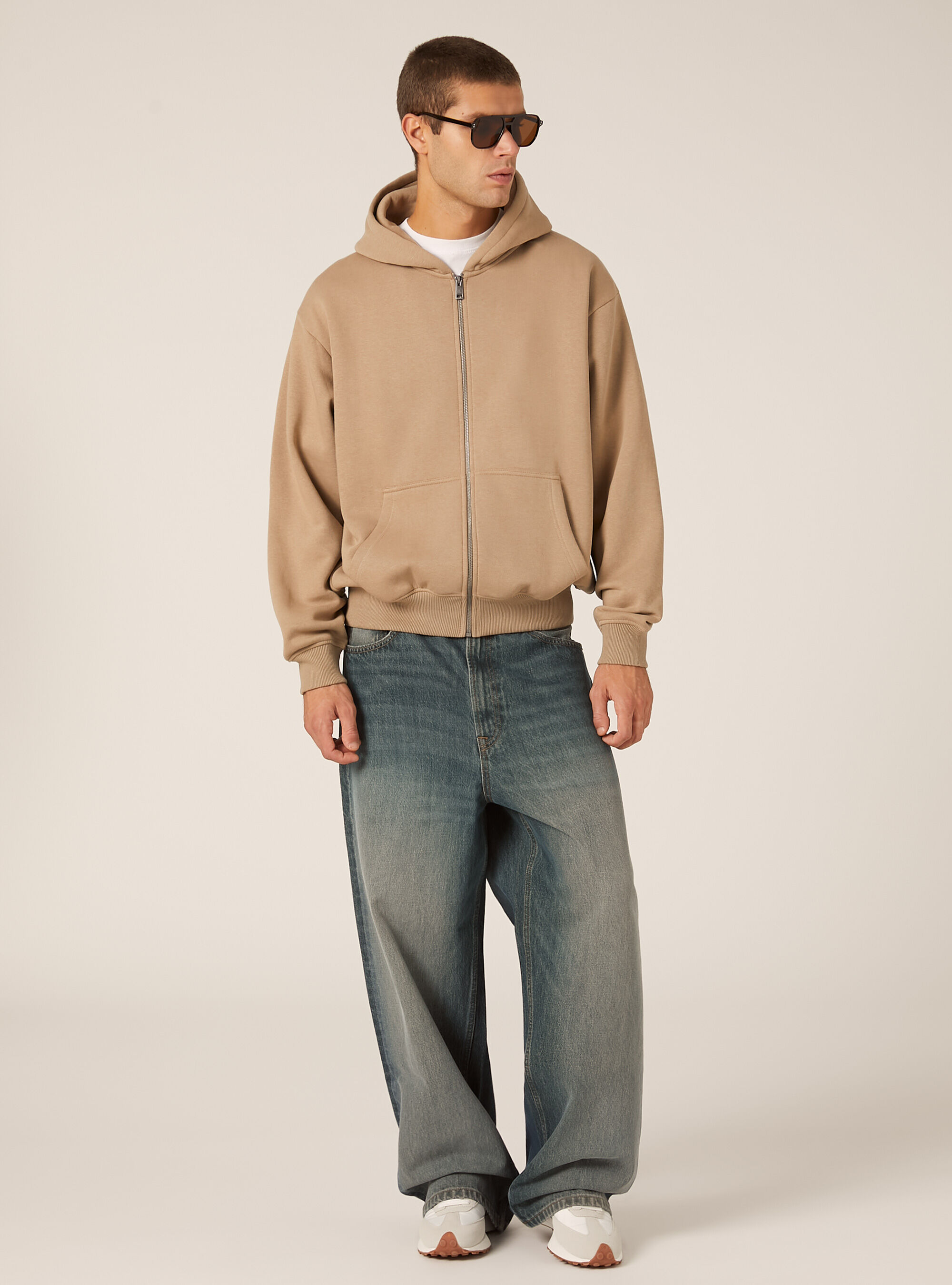 Sweat-shirt zipp&eacute; &agrave; capuche coupe boxy, BG1 BEIGE DARK