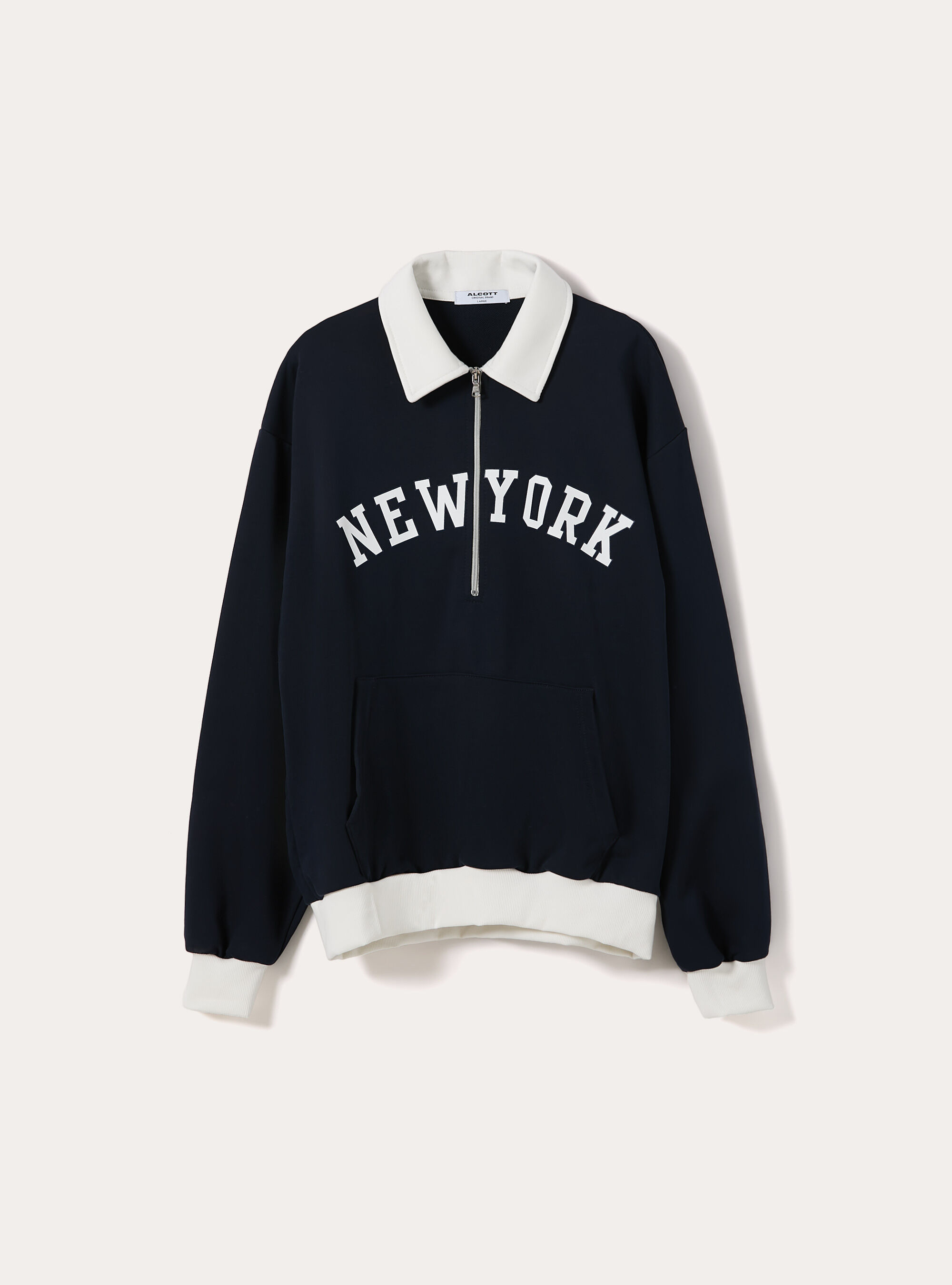 Felpa Boxy con Mezza Zip e Ricamo New York, NAVY MEDIO