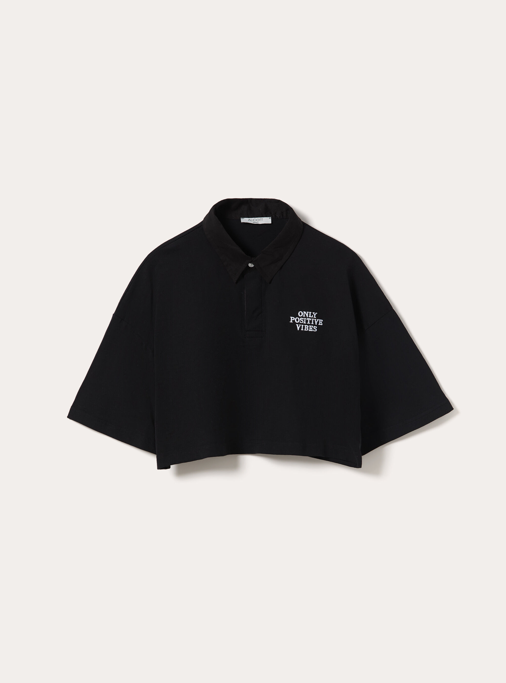 Oversized Cropped Polo Shirt with Embroidery, BK1 BLACK