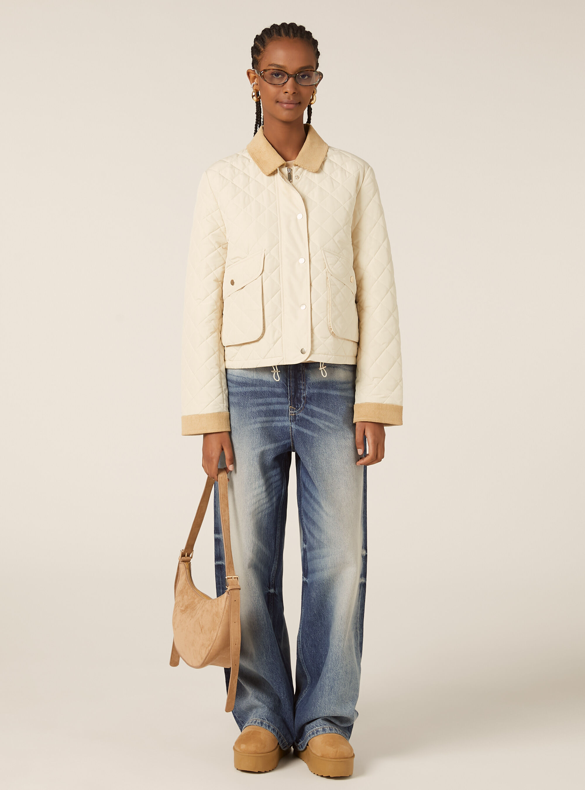 Veste matelass&eacute;e avec col en velours, BG3 BEIGE LIGHT