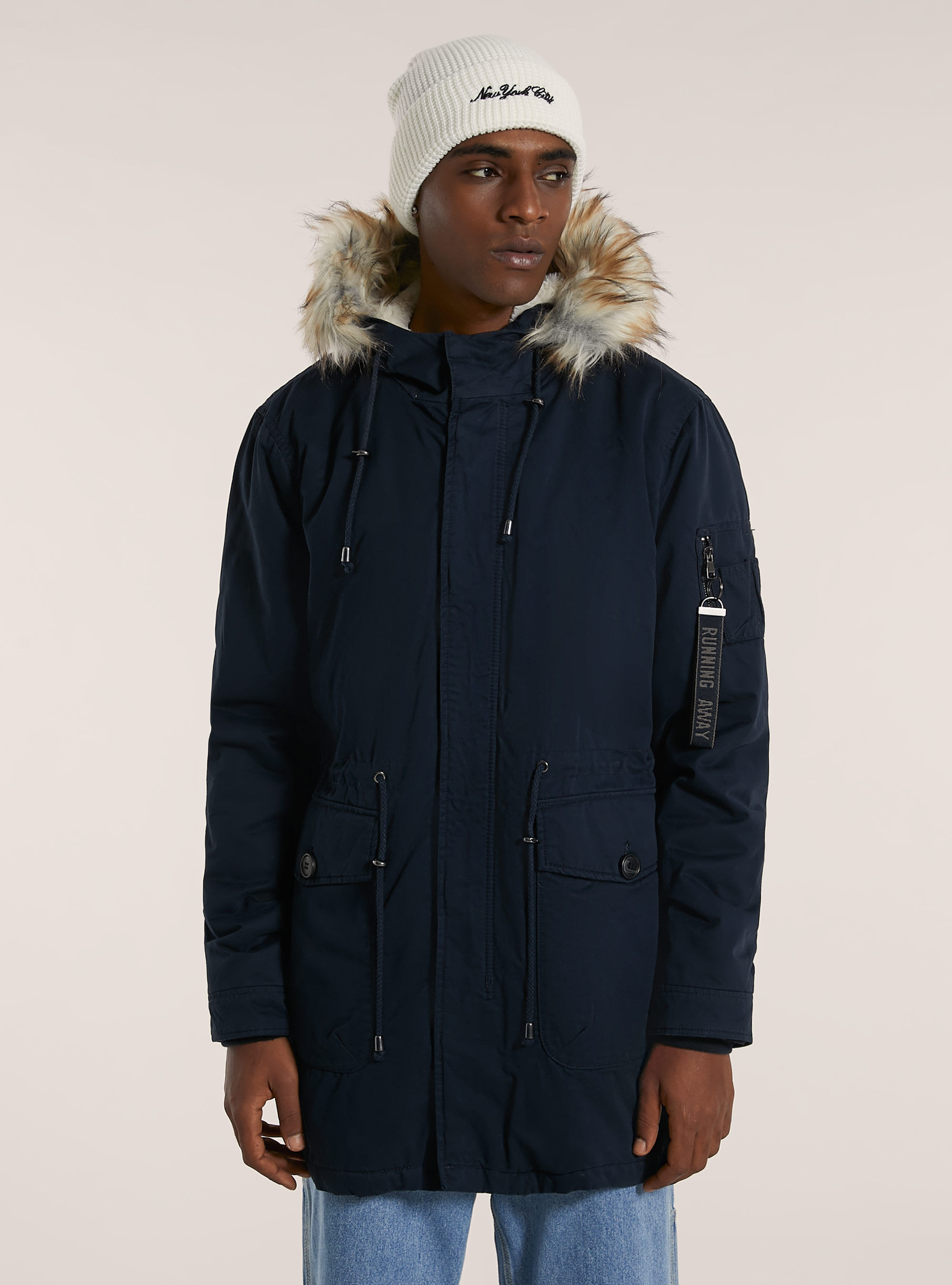 Giubbotto parka con cappuccio e interno agnellato, BLU MARINO