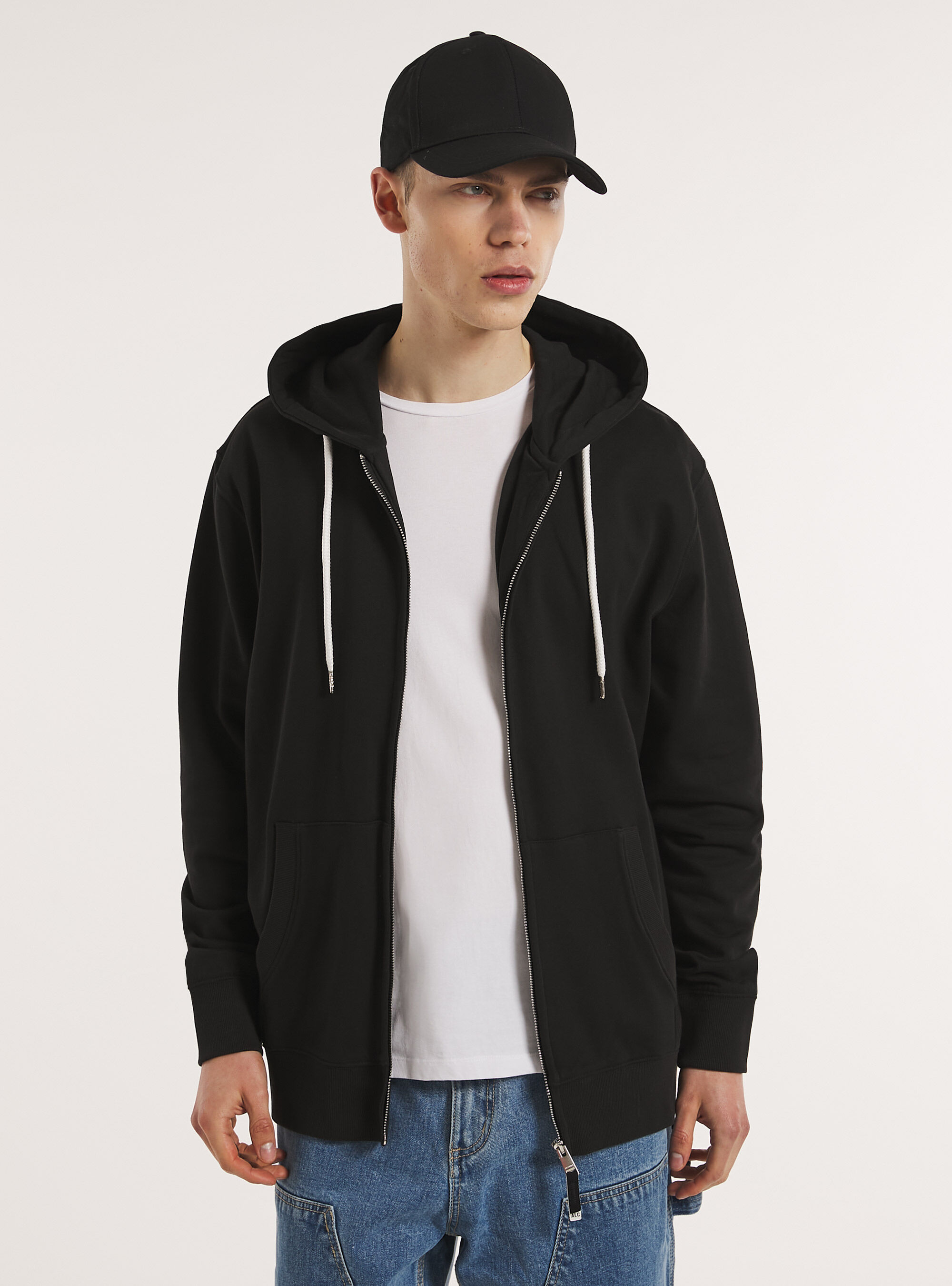 Zip et sweat &agrave; capuche en coton, BK1 BLACK
