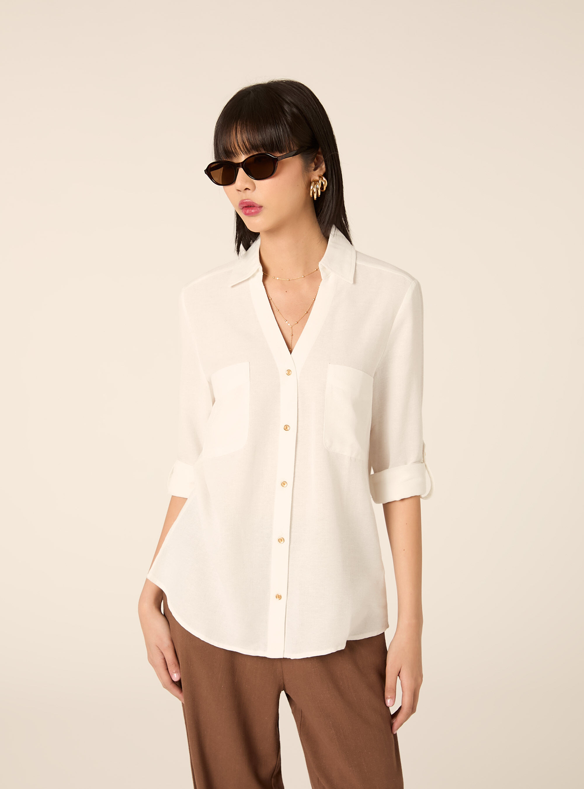Camisa de mezcla de lino con cuello en V, WH2 WHITE