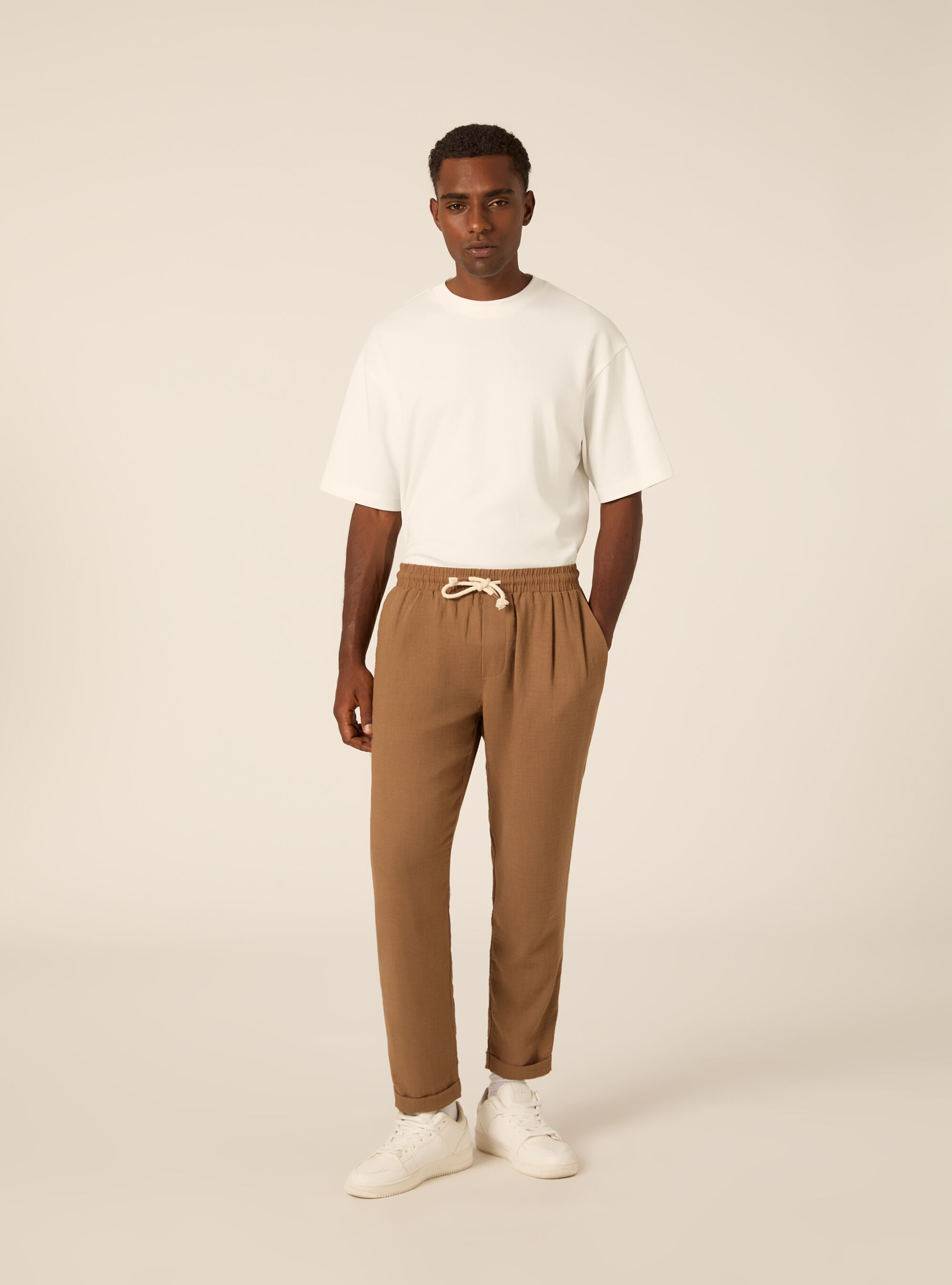 Comfort Fit Pleated Trousers with Drawstring, BR2 BROWN MEDIUM