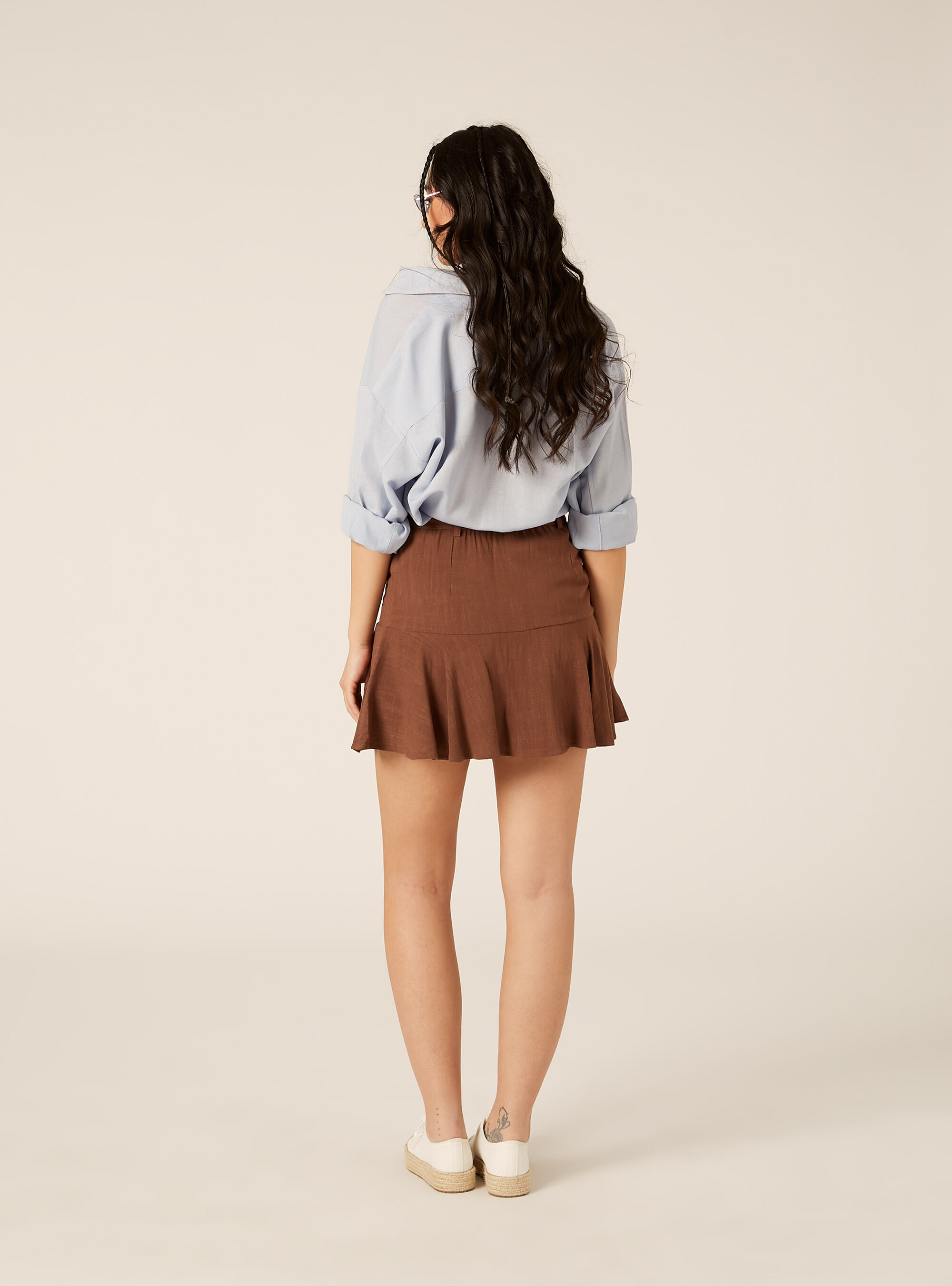Linen Blend Skort with Tie-Waist Belt, BR3 BROWN LIGHT