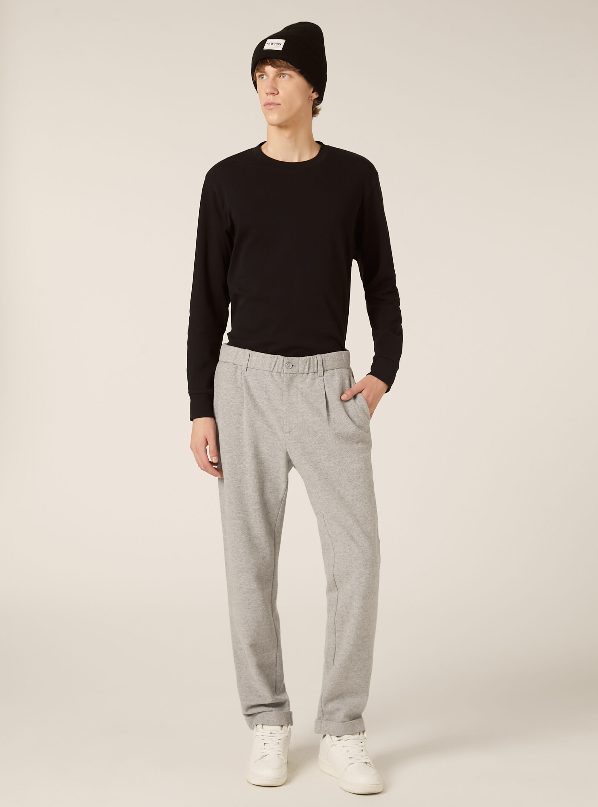 Pantalon &agrave; pinces effet flanelle, MGY3 GREY MEL LIGHT
