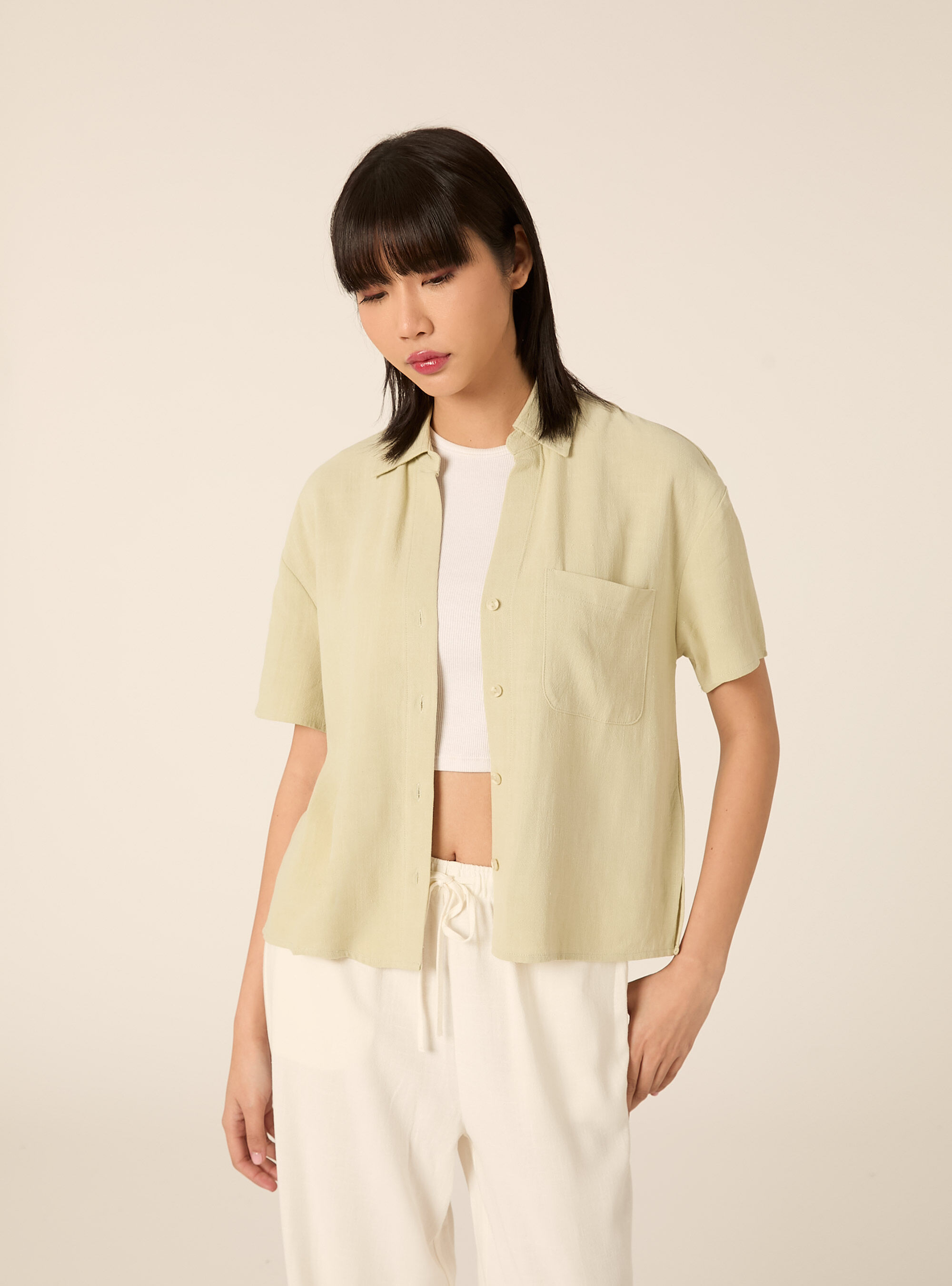 Camicia cropped in misto lino, KAKY CHIARO