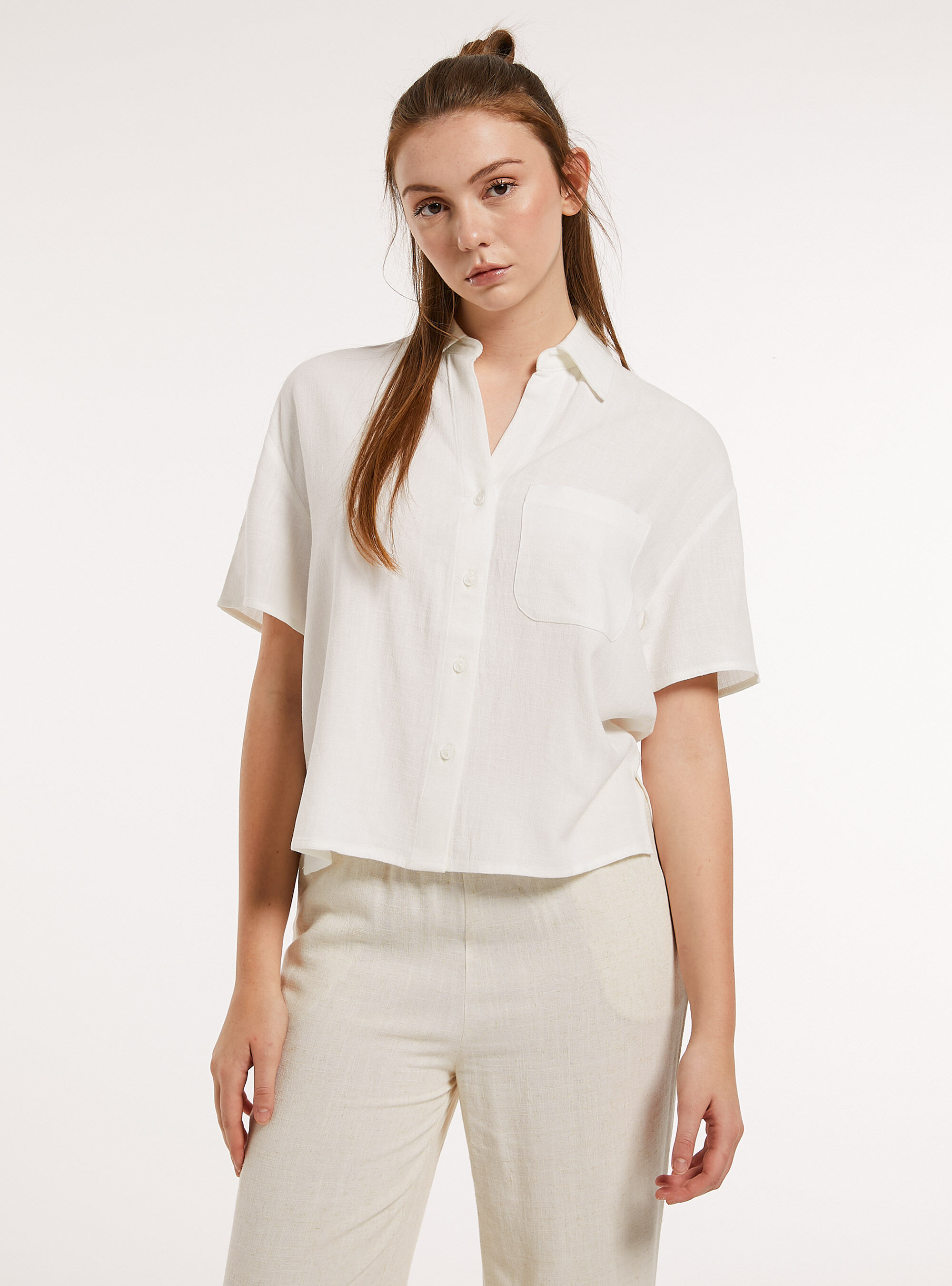 Linen blend cropped shirt