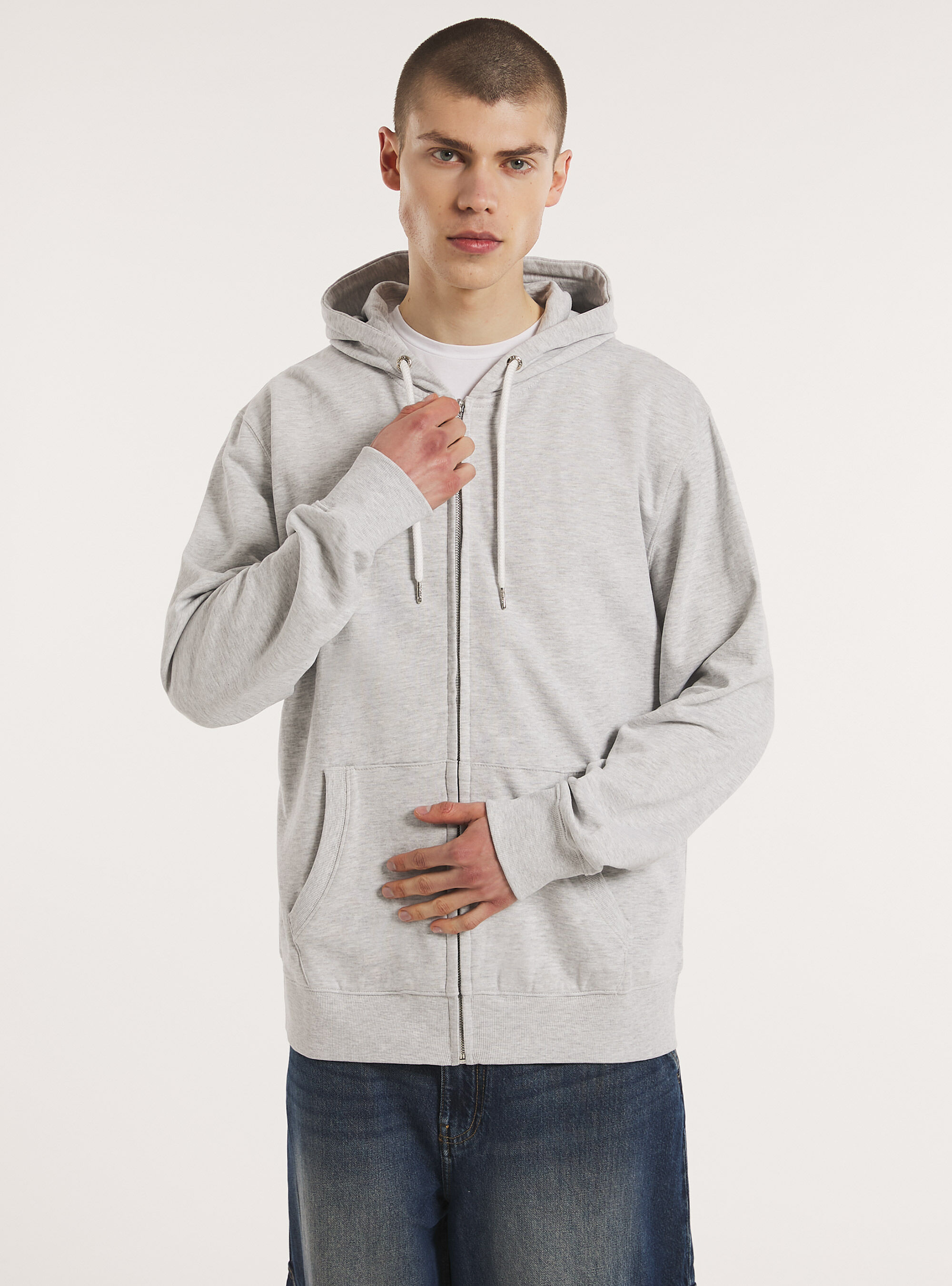 Zip et sweat &agrave; capuche en coton, MGY3 GREY MEL LIGHT