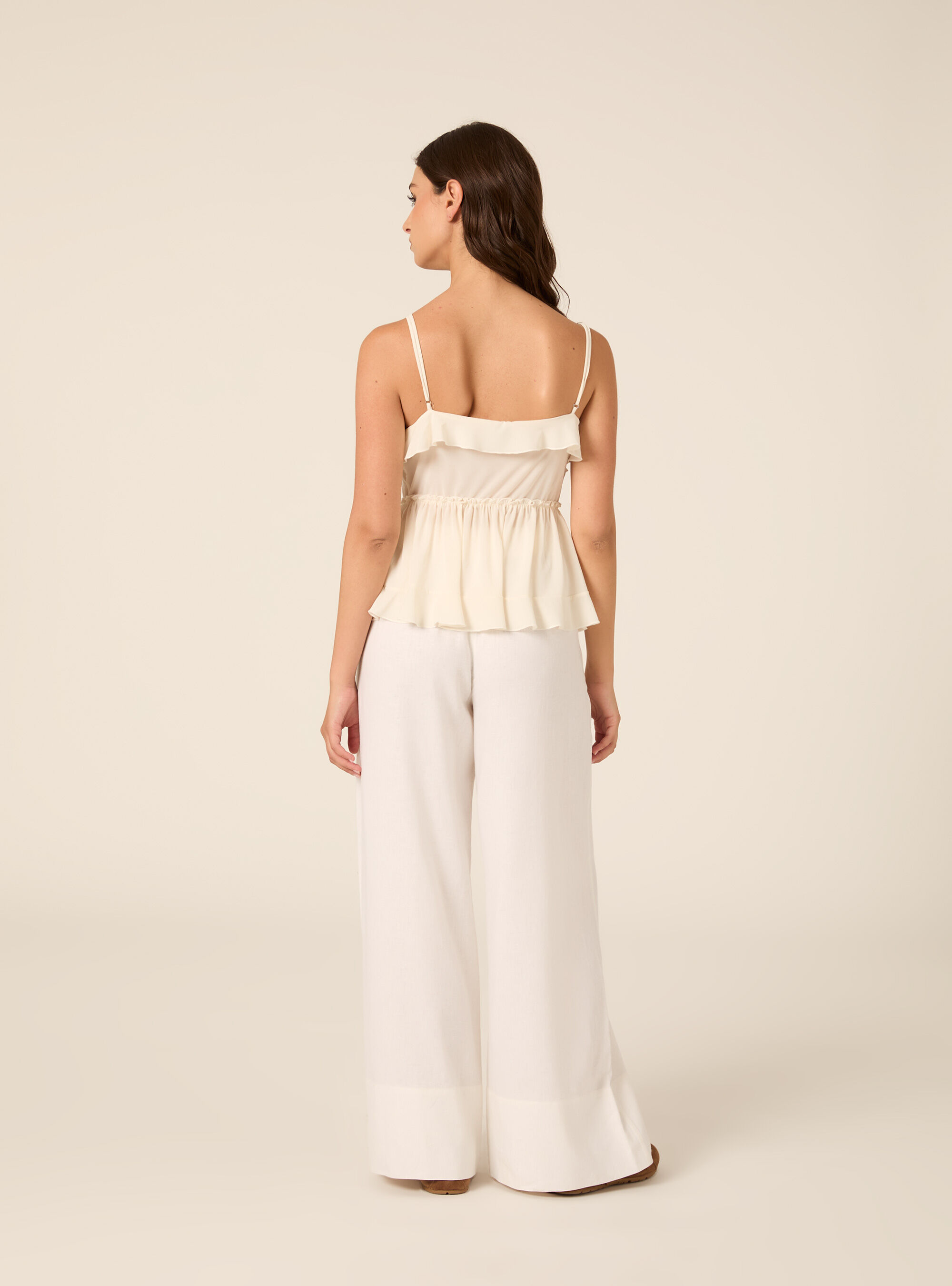 Ruffled Cami Top with Front Tie Details, WH1 OFF WHITE