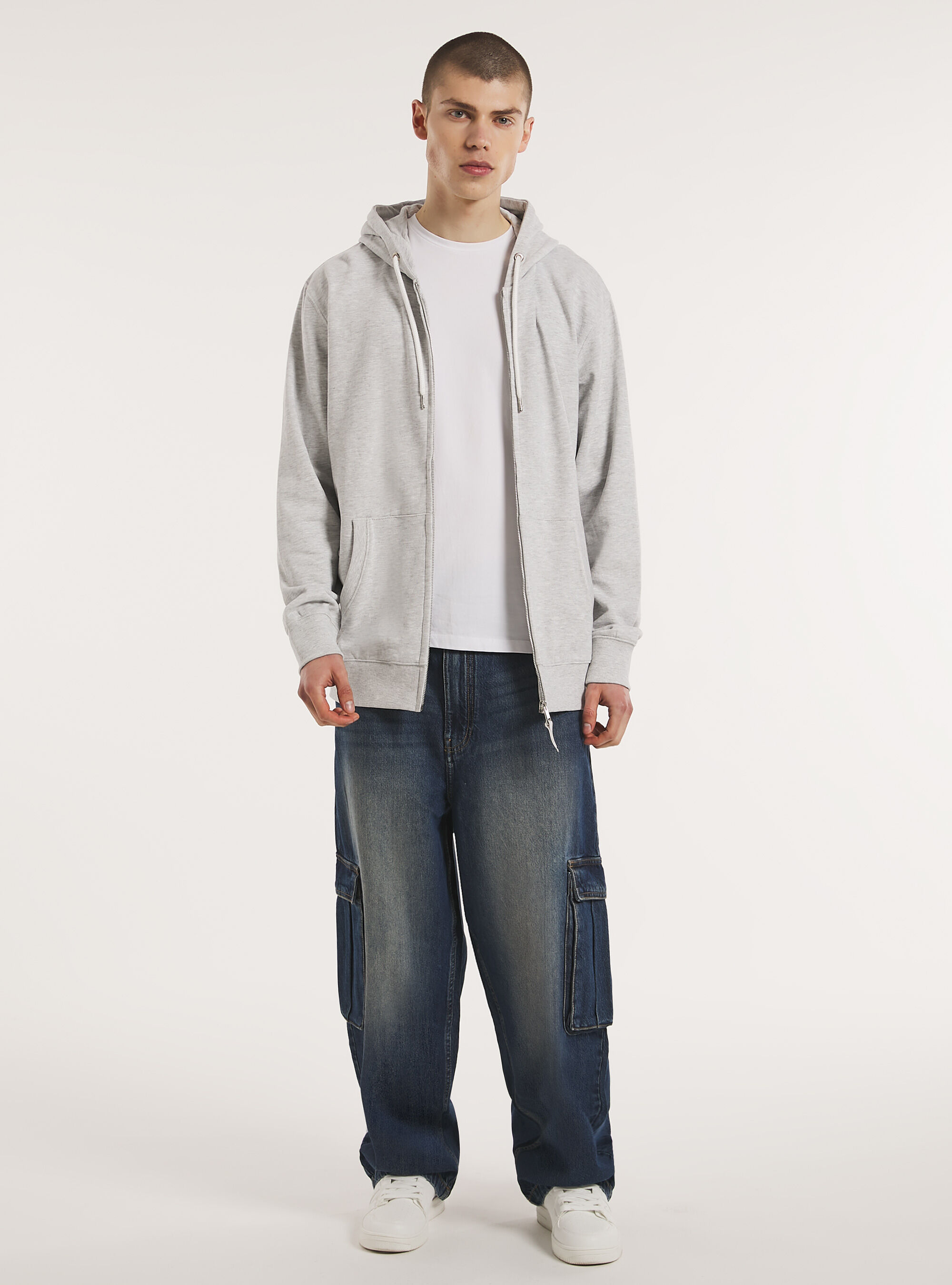 Zip et sweat &agrave; capuche en coton, MGY3 GREY MEL LIGHT