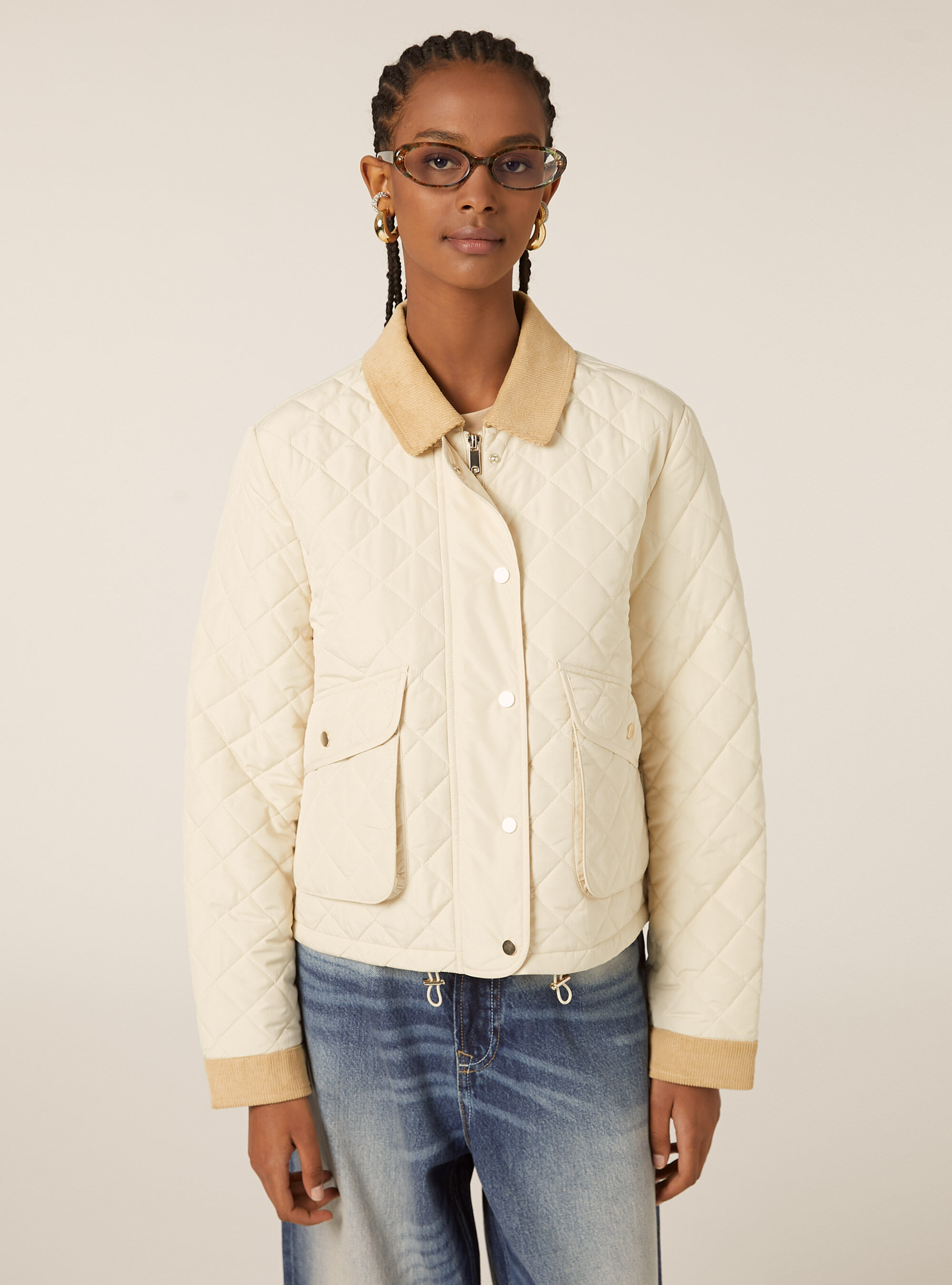Veste matelass&eacute;e avec col en velours, BG3 BEIGE LIGHT