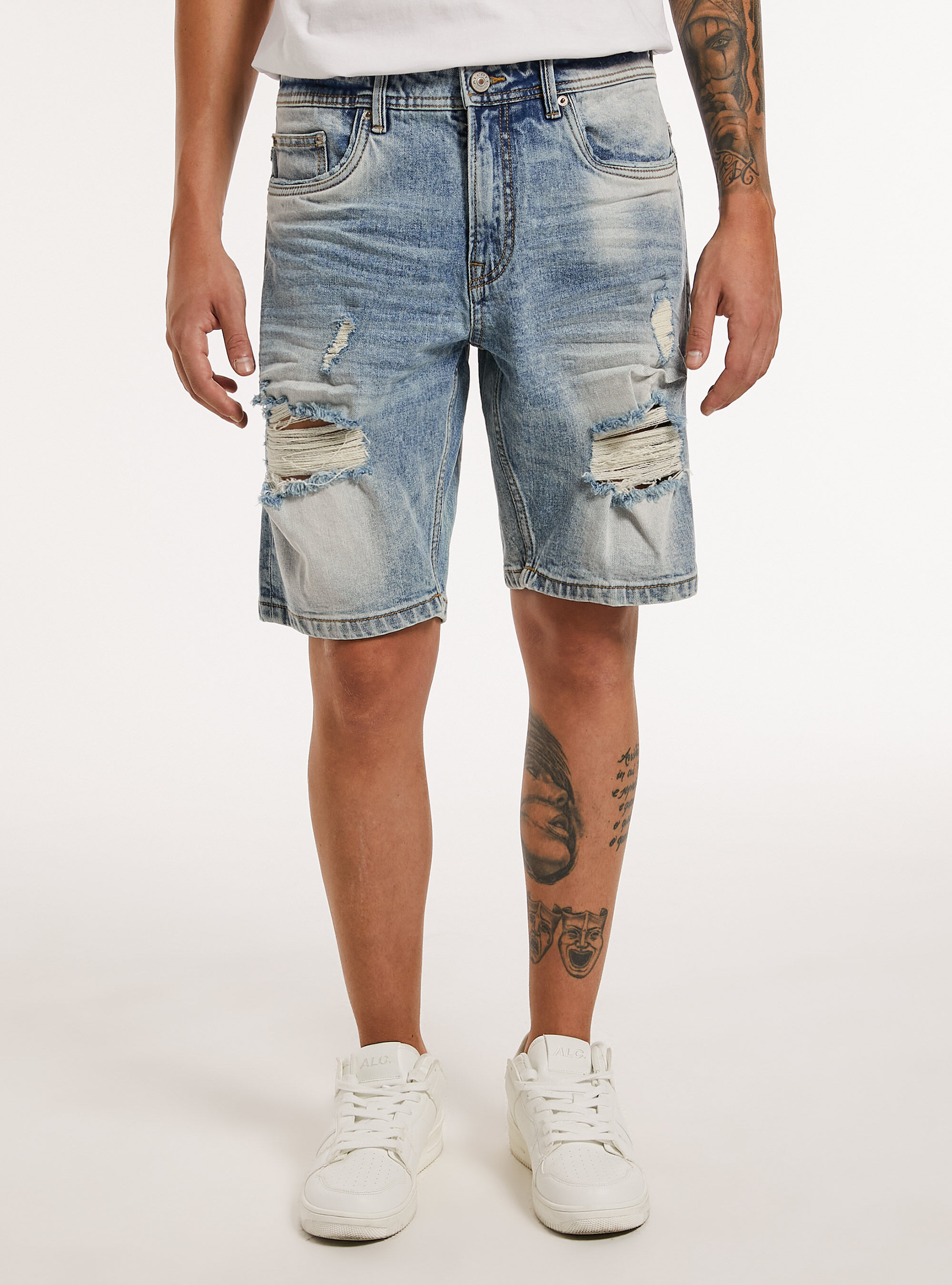 Stretch denim slim fit bermuda shorts with rips, D003 MEDIUM BLUE