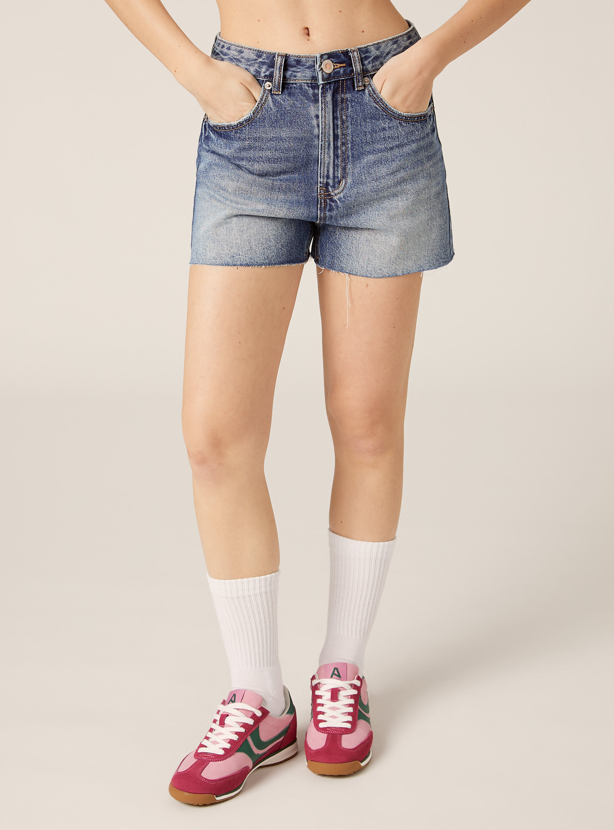 Shorts in denim a vita alta, D003 MEDIUM BLUE