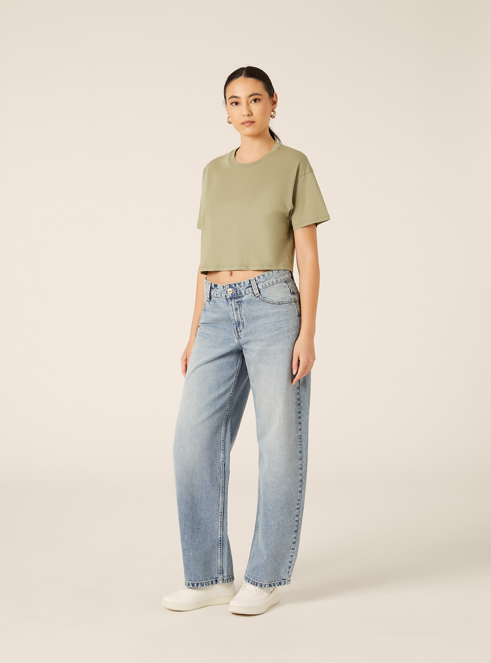 Basic Crew Neck Cropped T-Shirt, KY2 KAKY MEDIUM