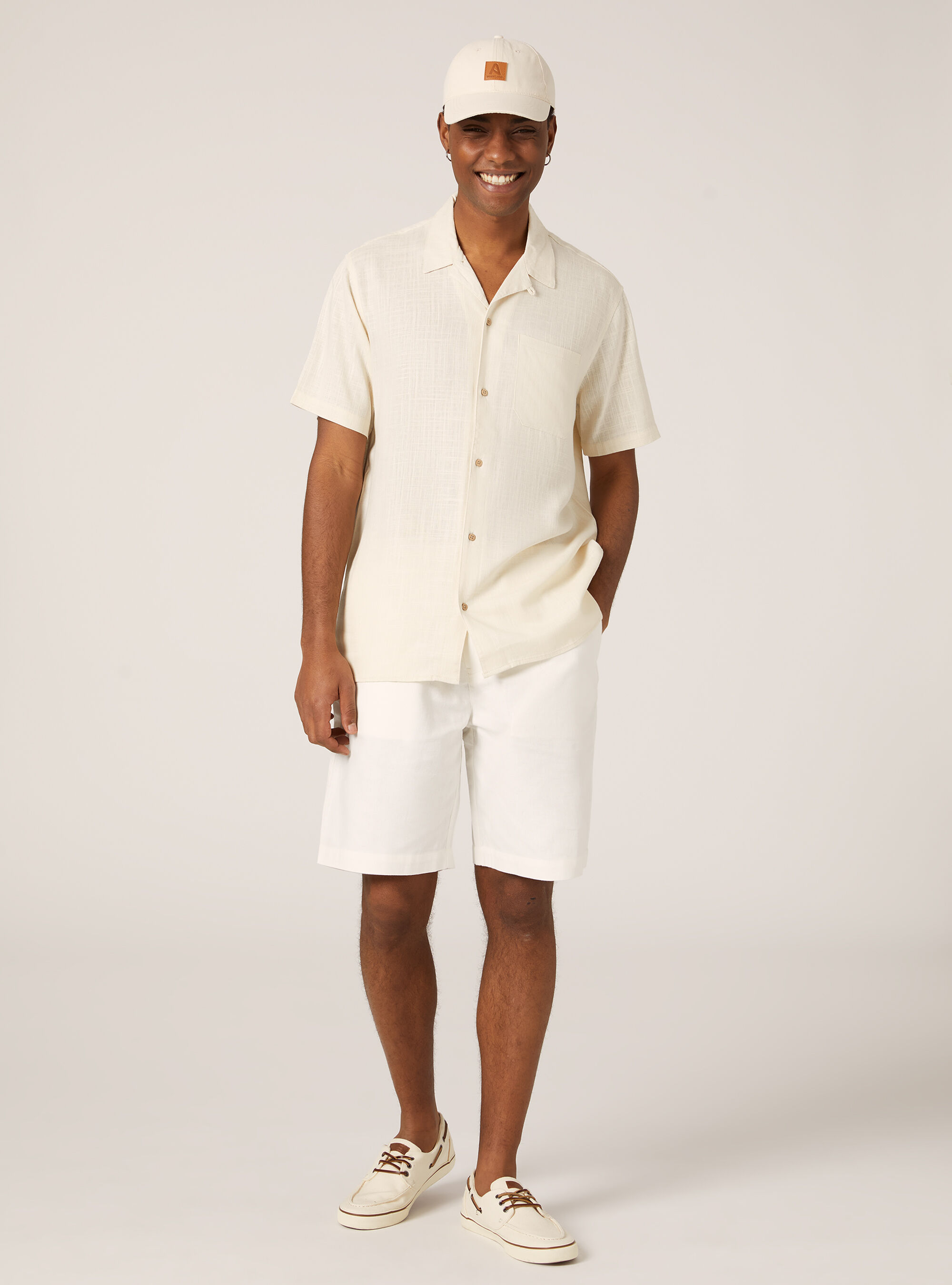 Chemise en lin m&eacute;lang&eacute; avec col bowling, BG3 BEIGE LIGHT