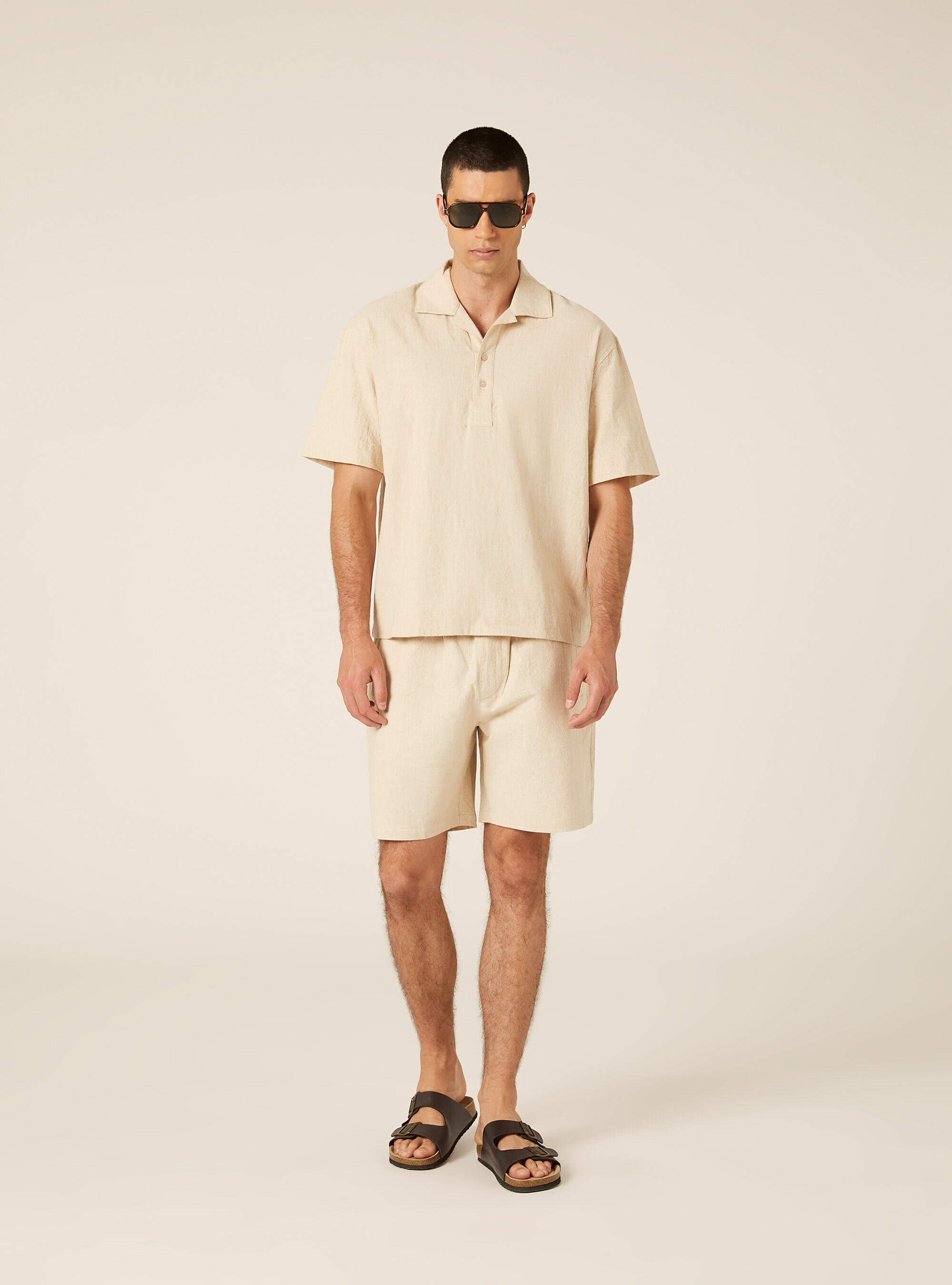 Polo Camicia in Misto Lino, BEIGE MEDIO MELANGE