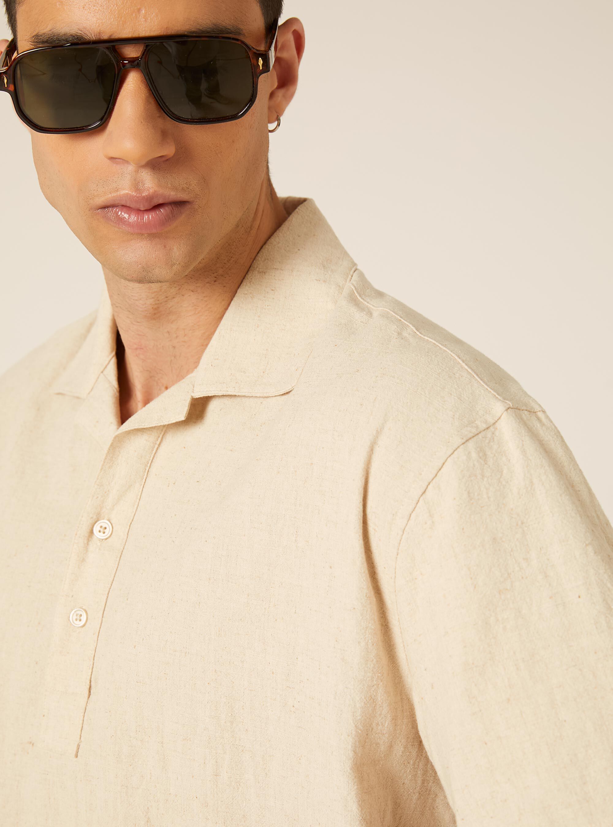 Polo Camicia in Misto Lino, BEIGE MEDIO MELANGE