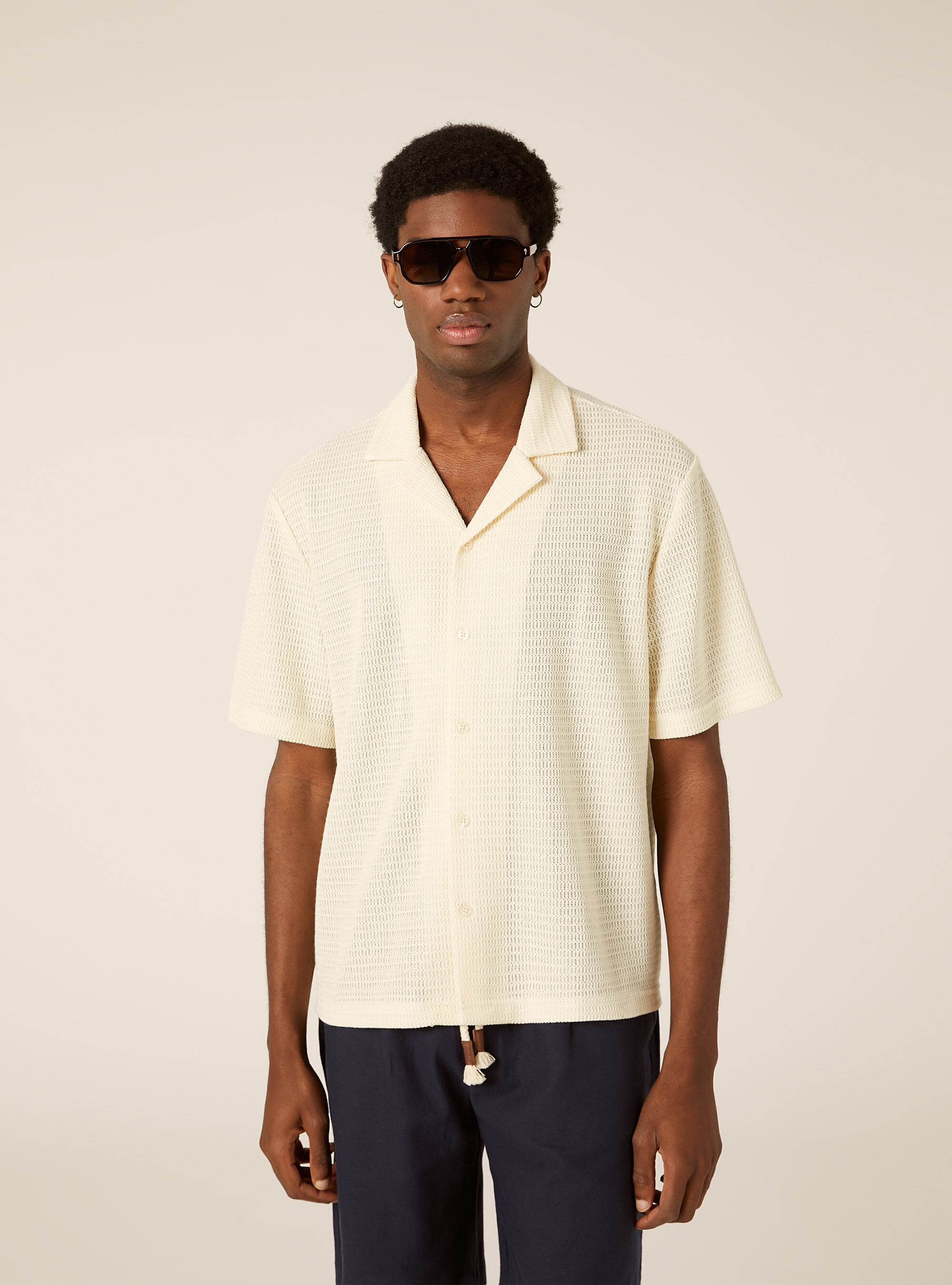 Crochet-Effect Lightweight Knit Bowling Shirt, WH1 OFF WHITE