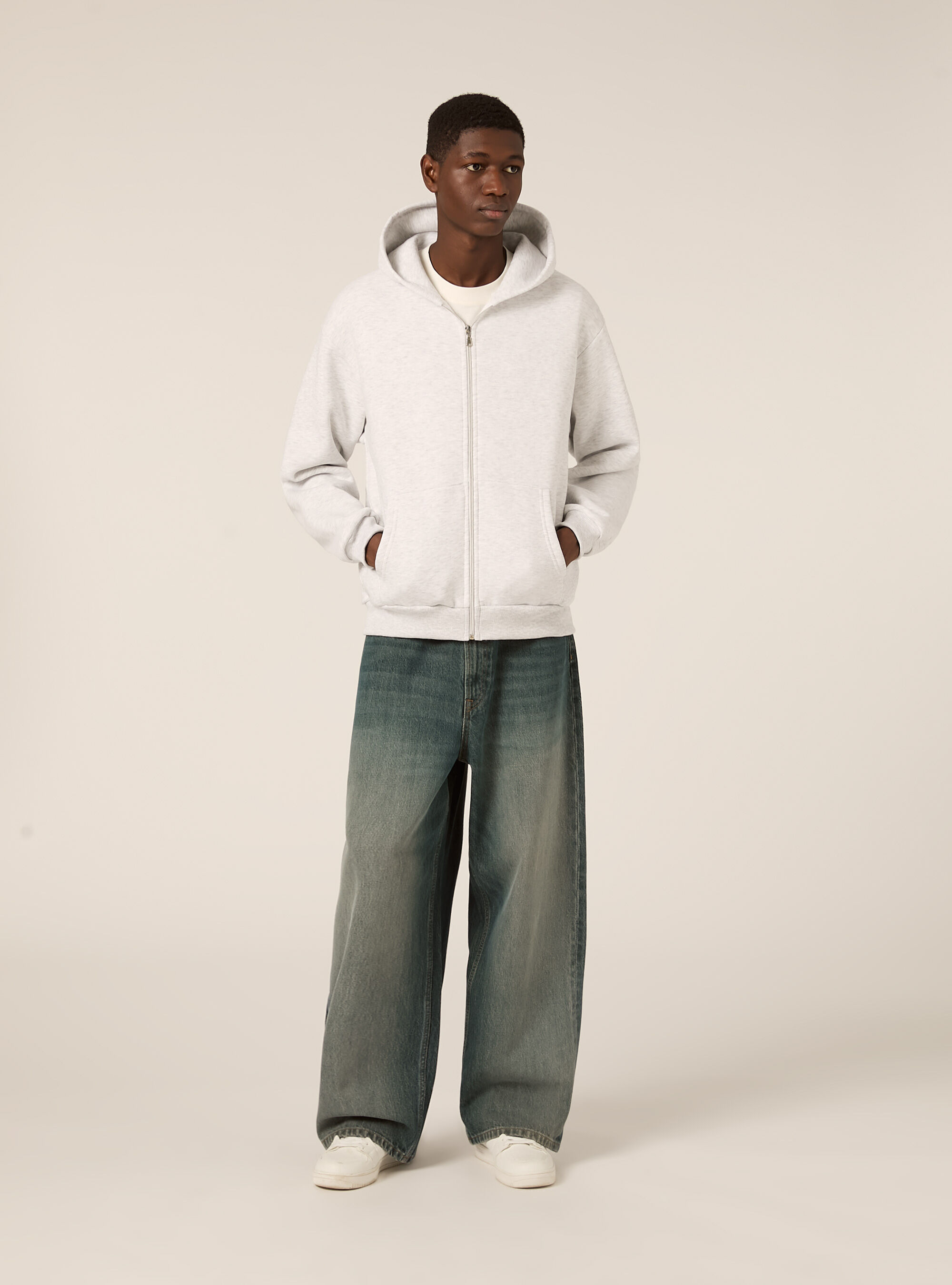 Sweat &agrave; capuche zipp&eacute; coupe boxy, MGY3 GREY MEL LIGHT