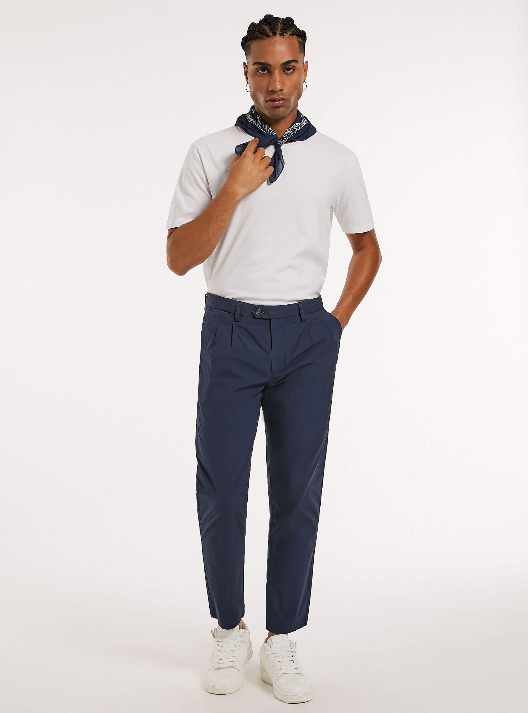 Pantalon en coton &agrave; double plis, NA1 NAVY DARK