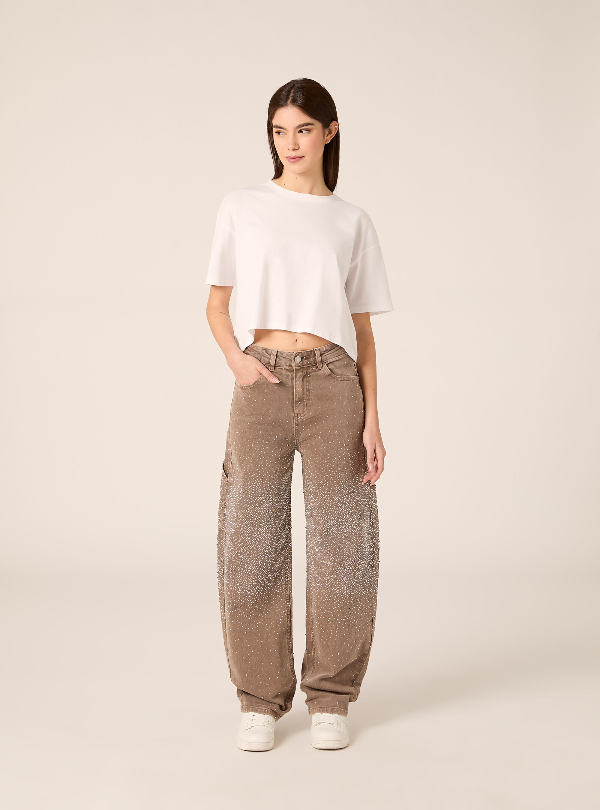 Baggy carpenter jeans colorato con strass