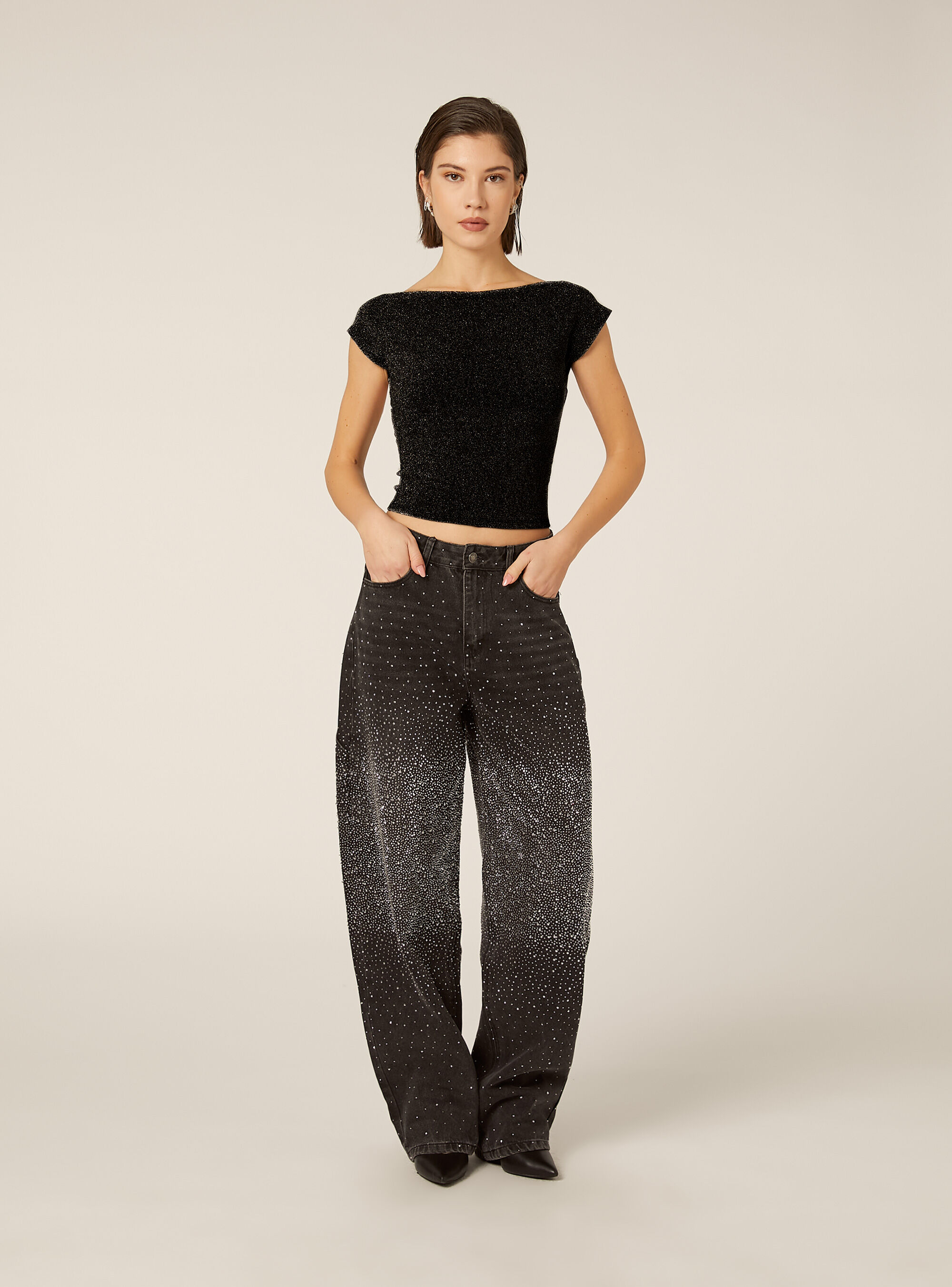 Metallic T-shirt with open back, BK1 BLACK