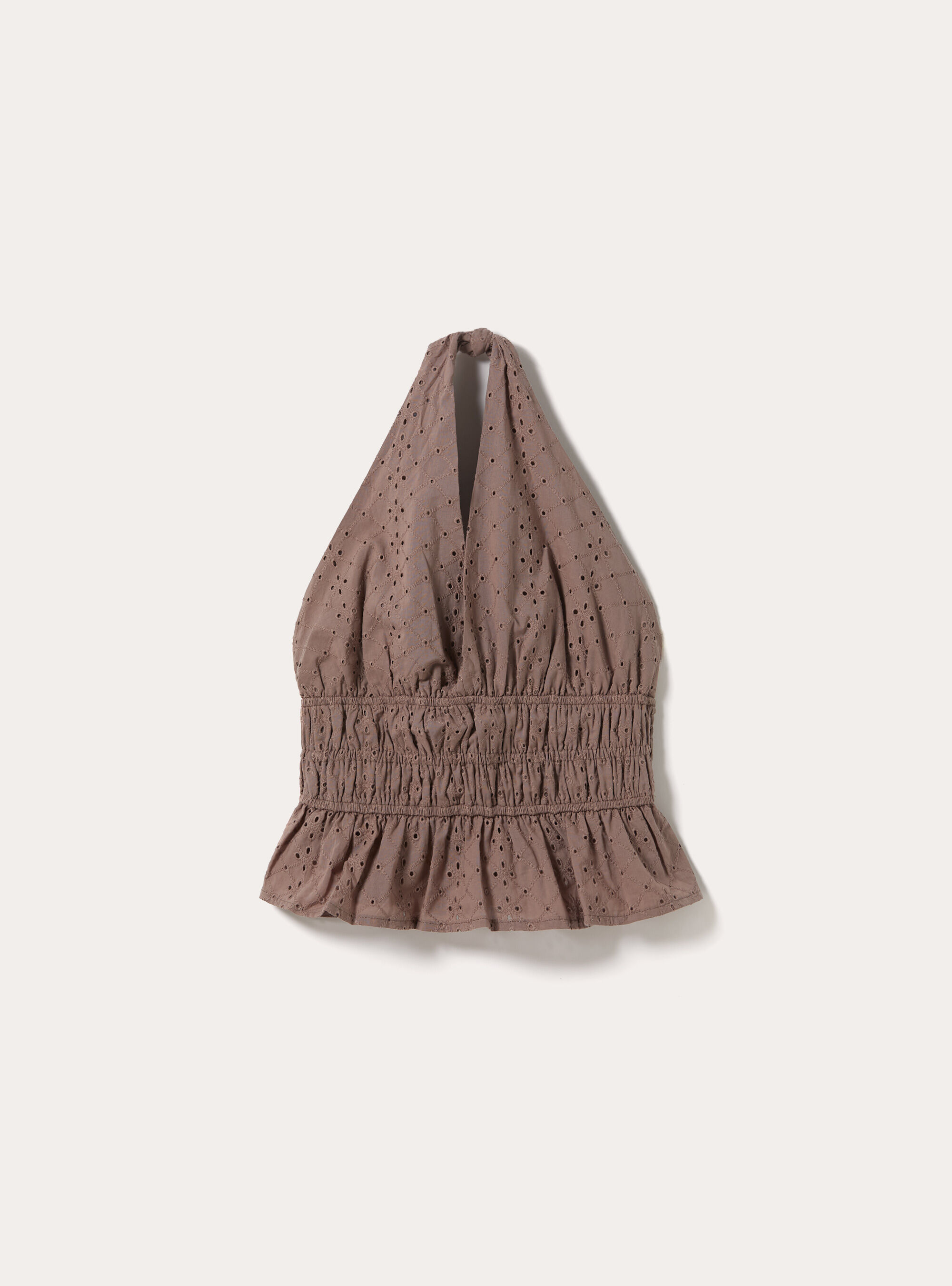 Top Halter de Bordado Suizo con Cintura Fruncida y Volante, BR3 BROWN LIGHT