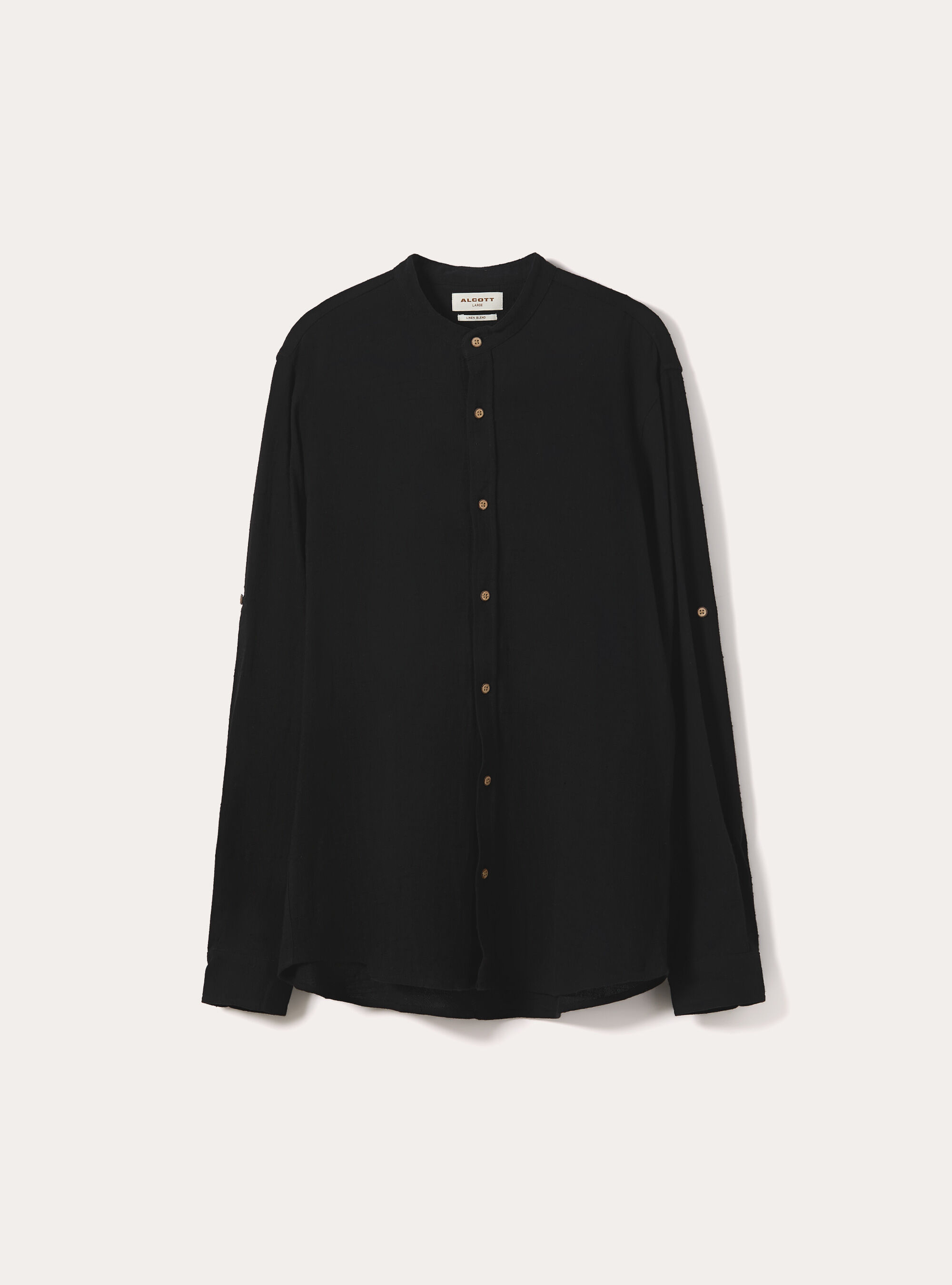 Camicia in misto lino con collo alla coreana, NERO