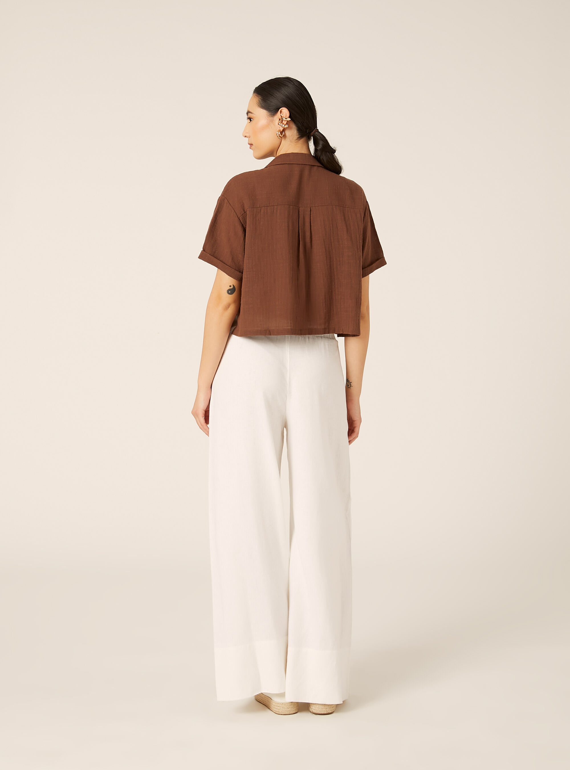 Camicia maniche corte crop, MARRONE MEDIO