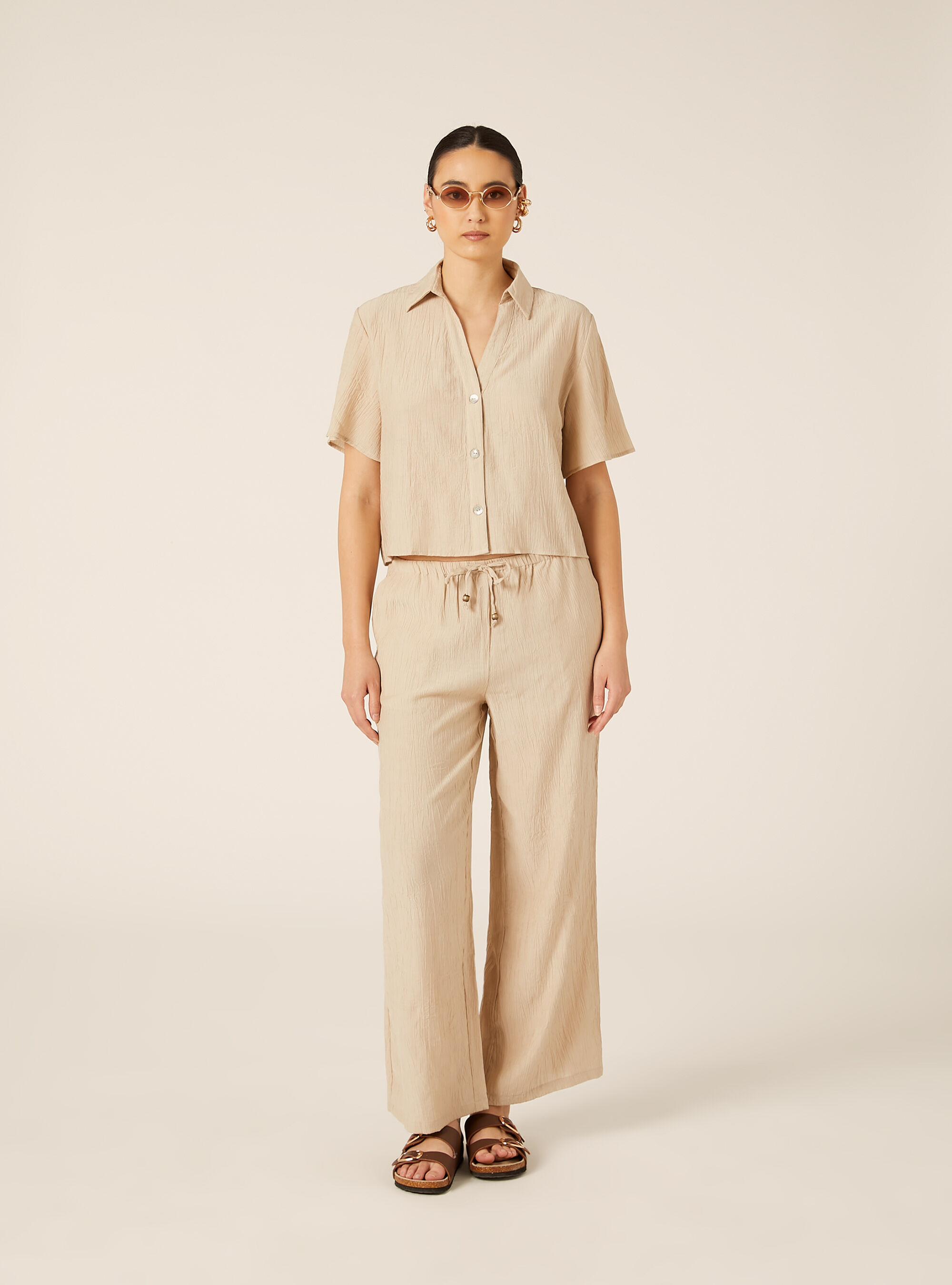 Camicia maniche corte in crepe, BEIGE MEDIO