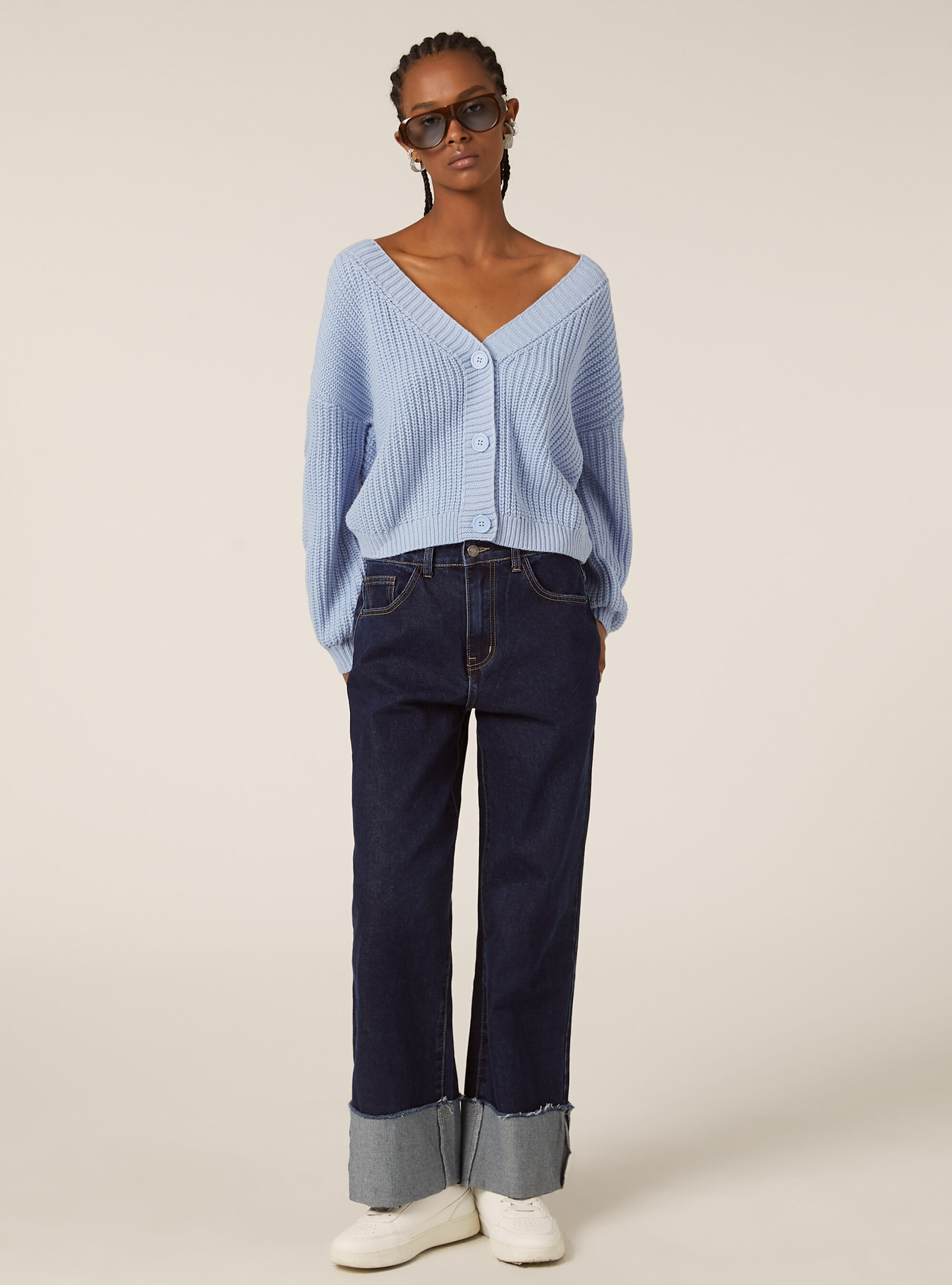 Cardigan en maille &agrave; encolure en V, MAZ2 AZURE MEL MEDIUM