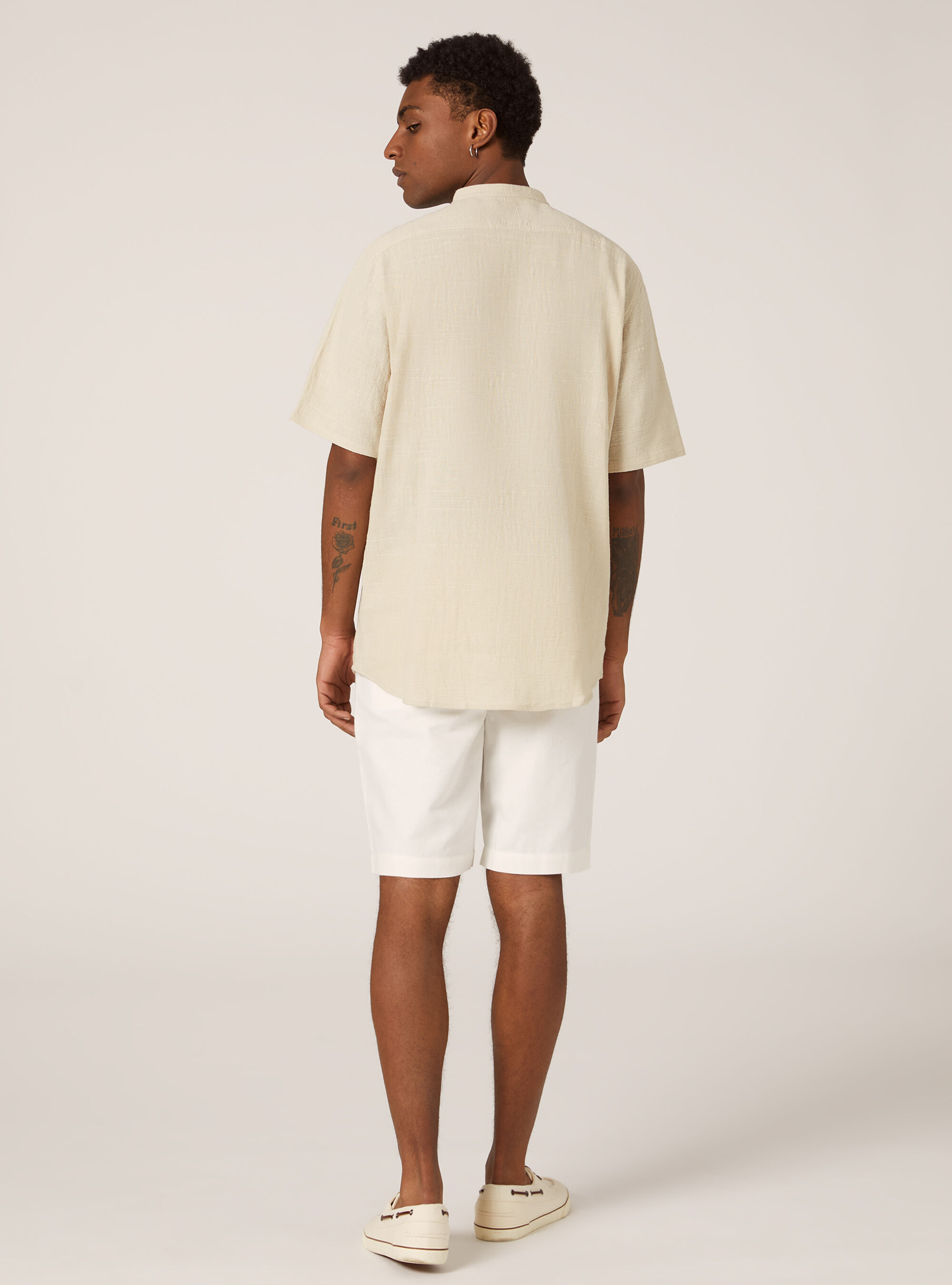 Camisa de mezcla de lino con cuello coreano, BG3 BEIGE LIGHT