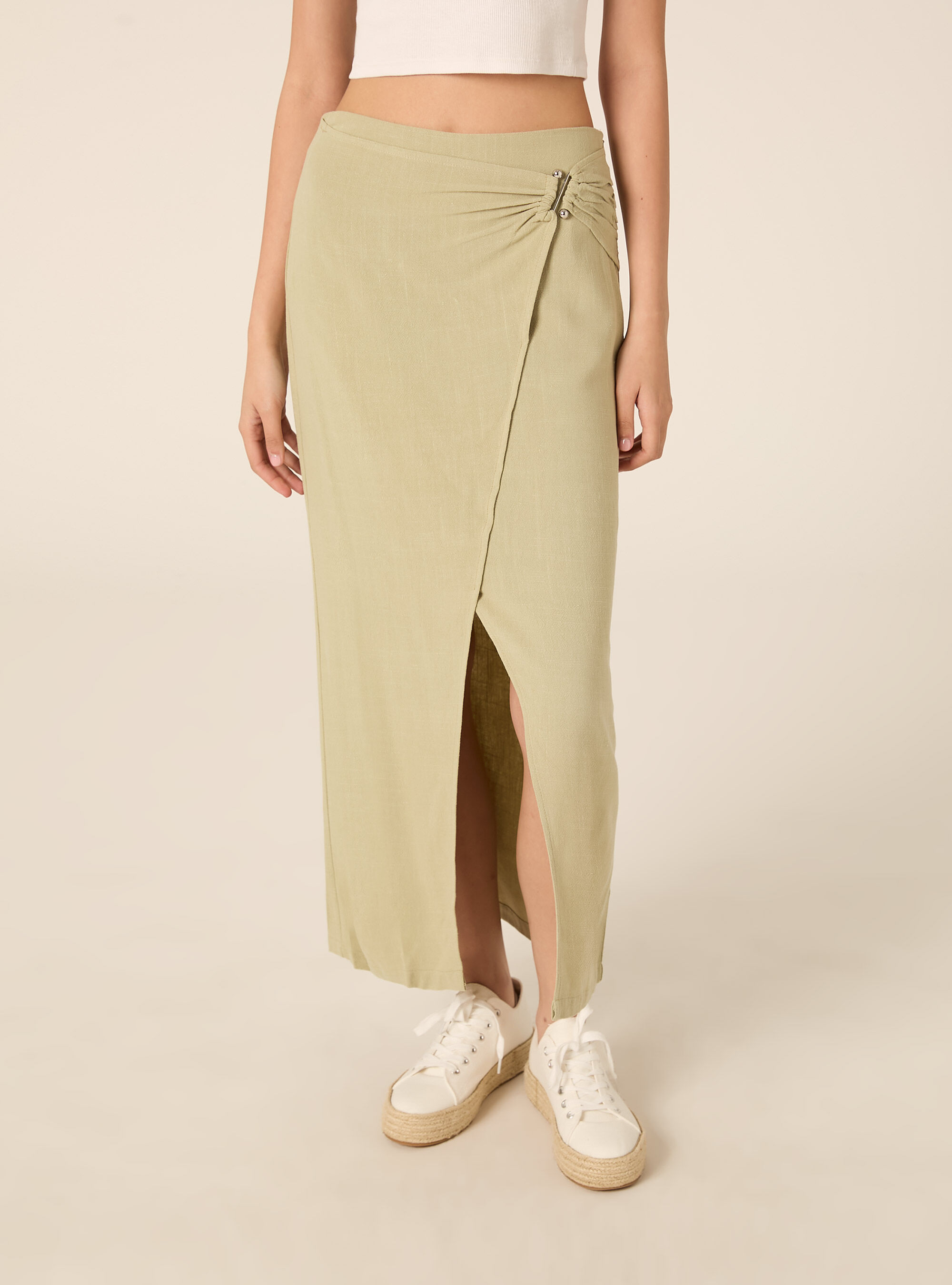 Jupe midi asym&eacute;trique en m&eacute;lange de lin