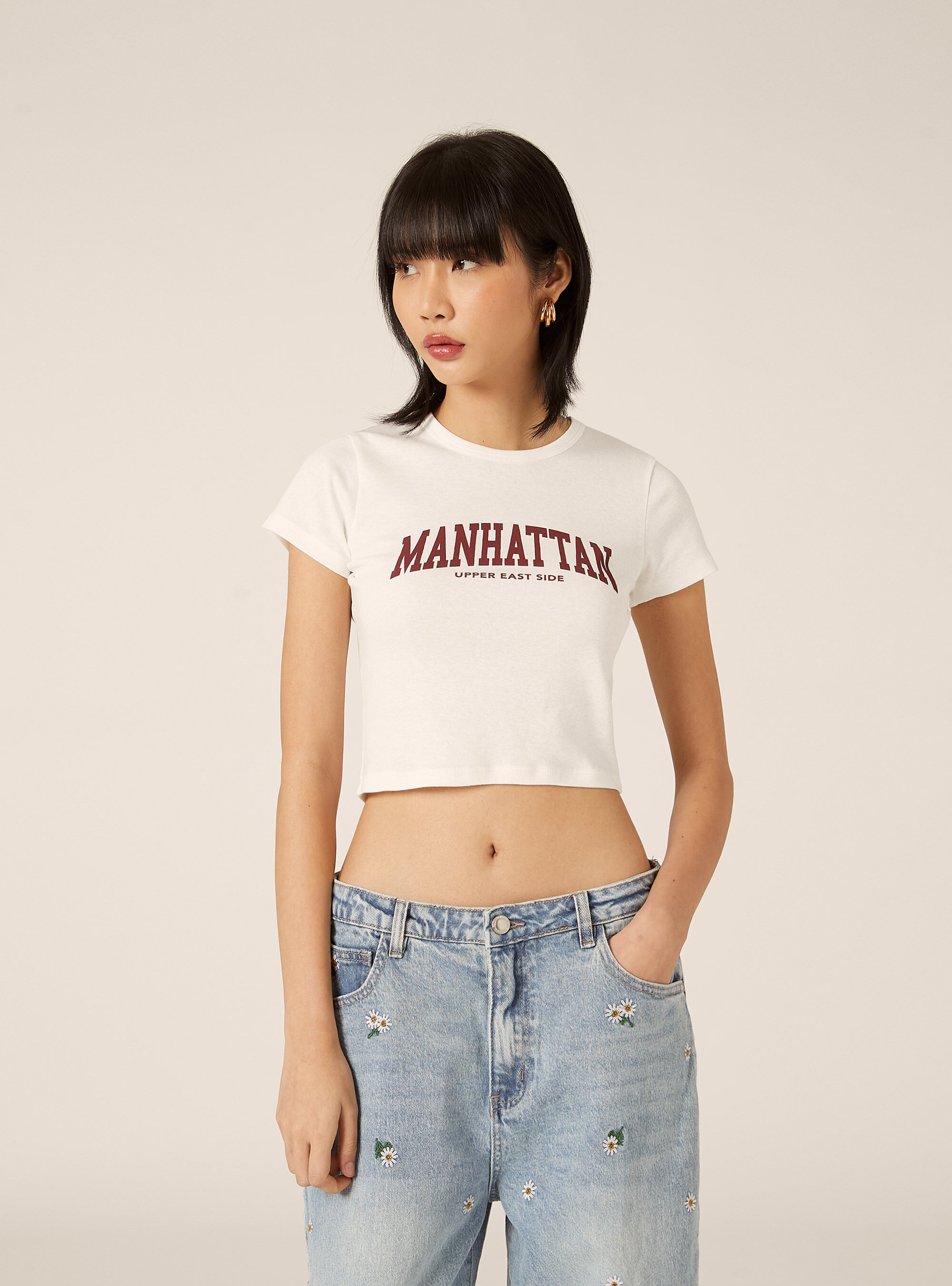 Cropped Short Sleeve Varsity Graphic T-Shirt, WH1 OFF WHITE