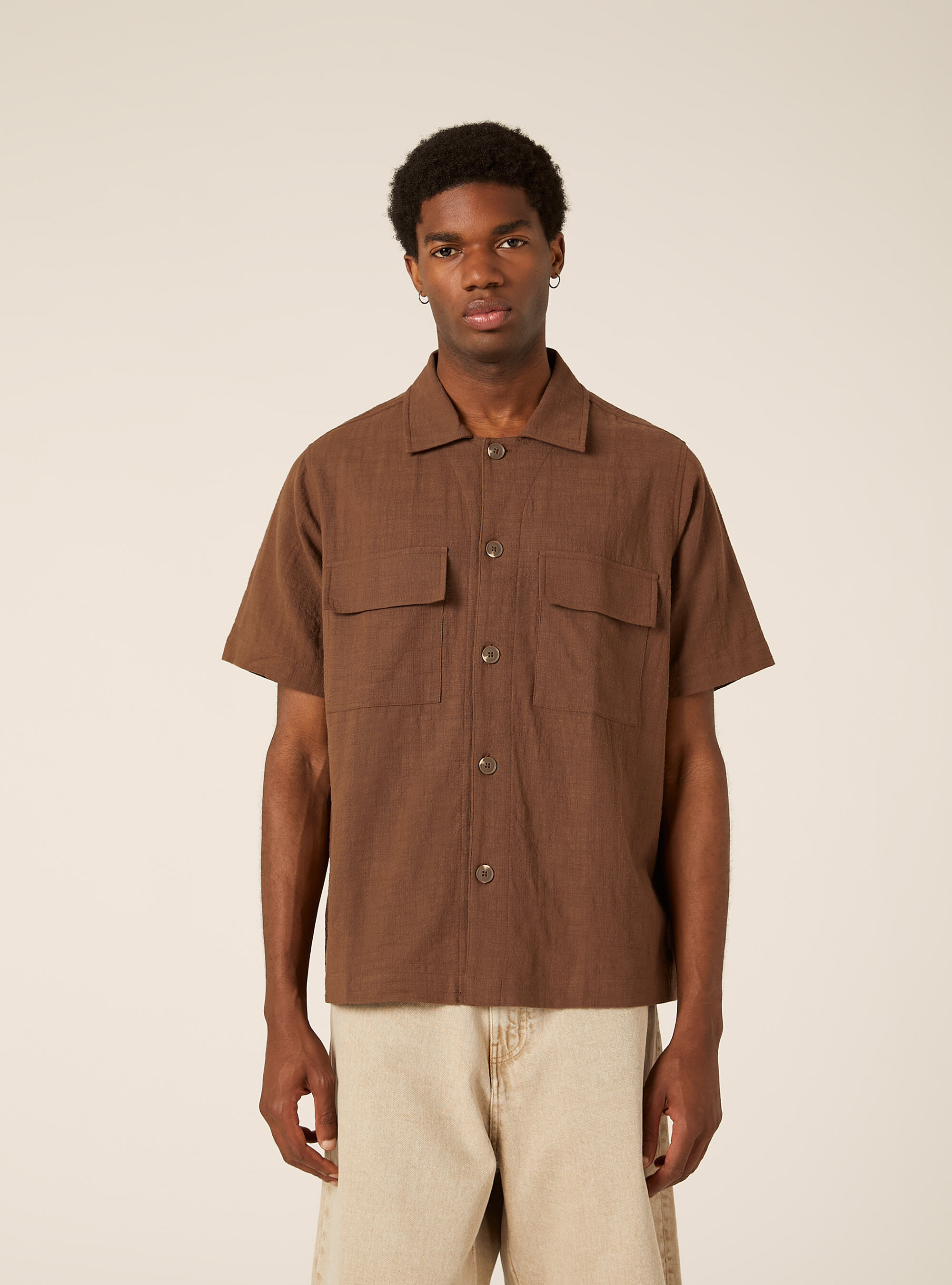 Short-Sleeved Cotton Shirt, BR1 BROWN DARK