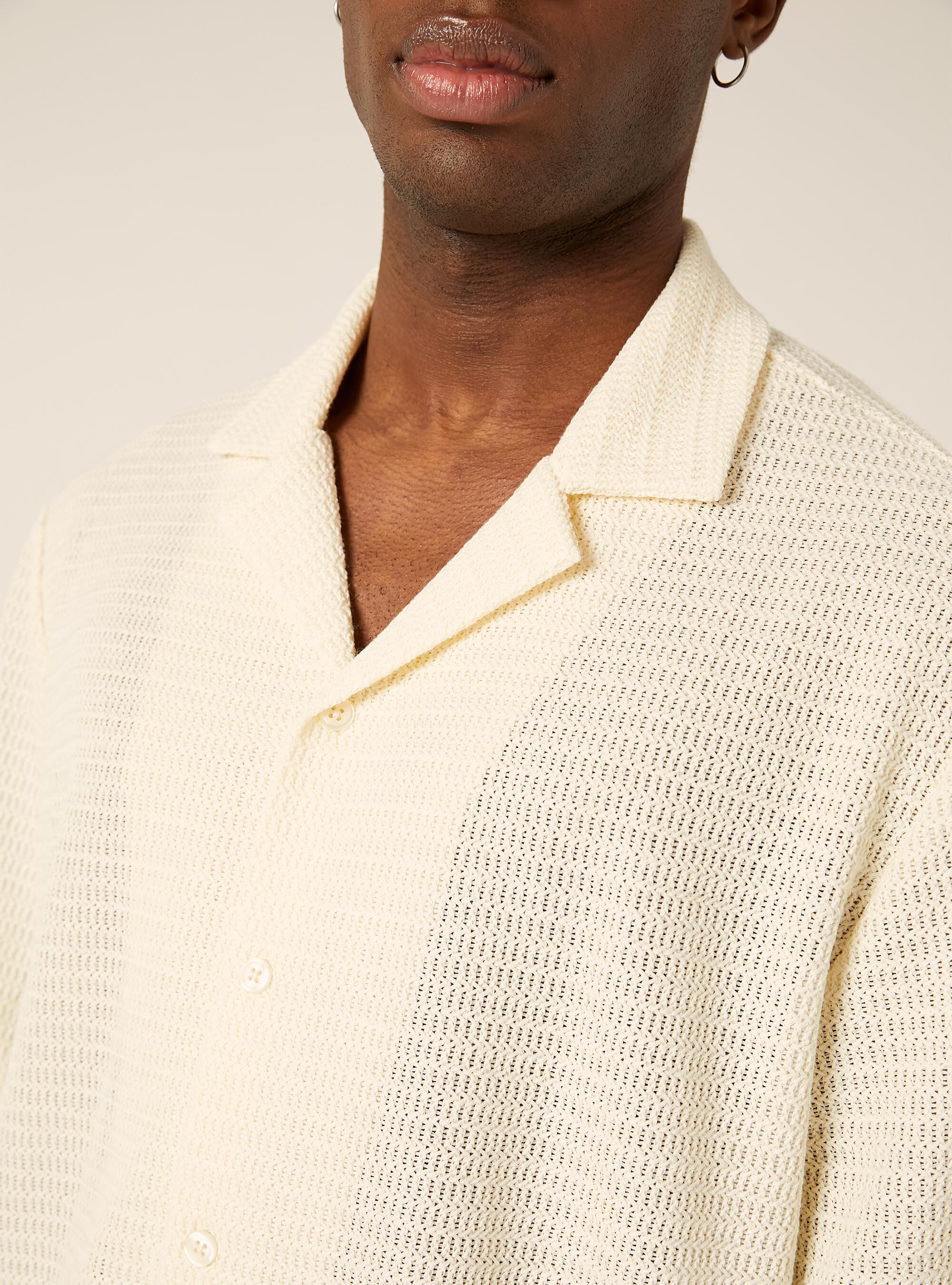 Crochet-Effect Lightweight Knit Bowling Shirt, WH1 OFF WHITE