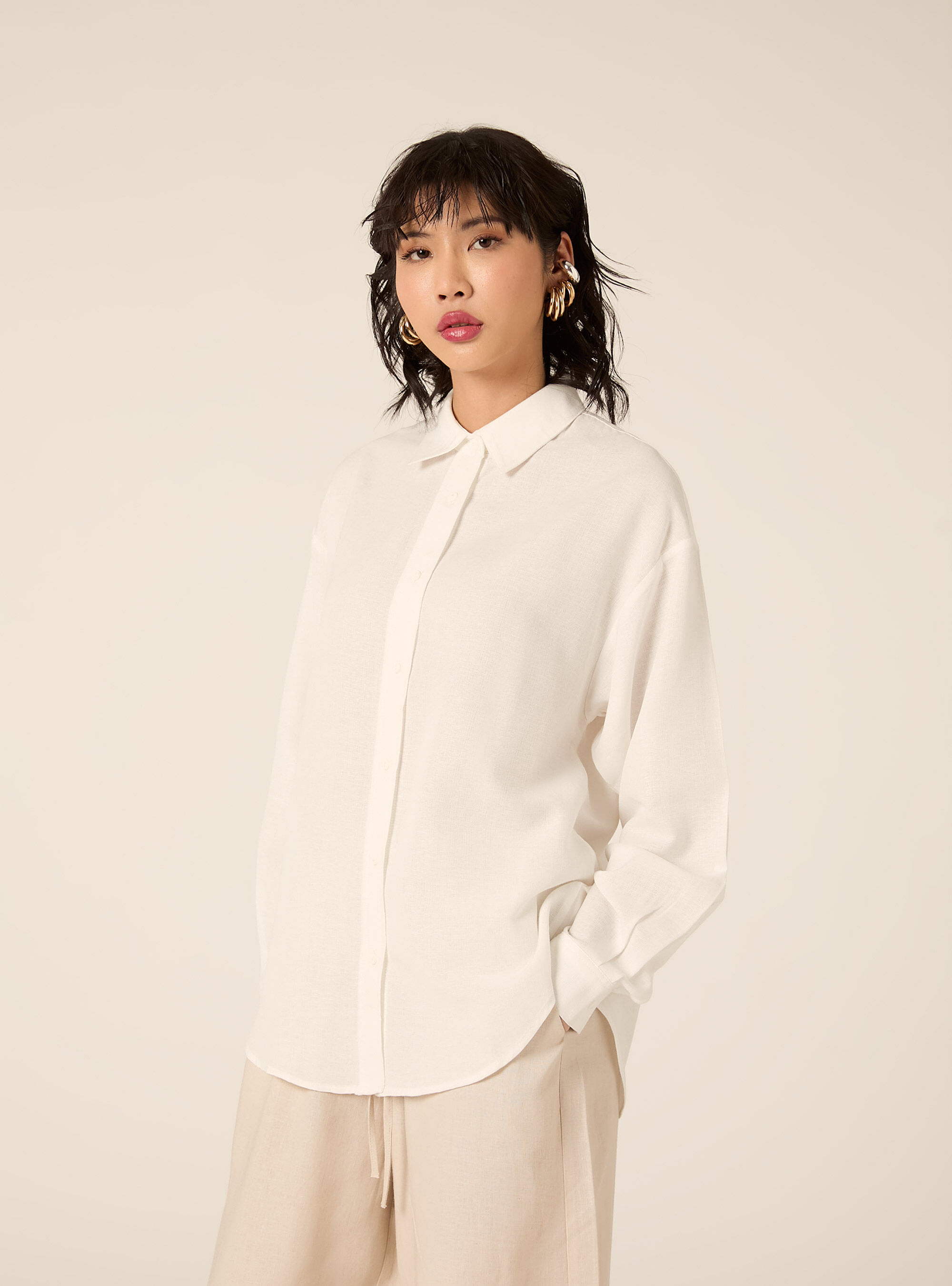 Camicia in misto lino, PANNA